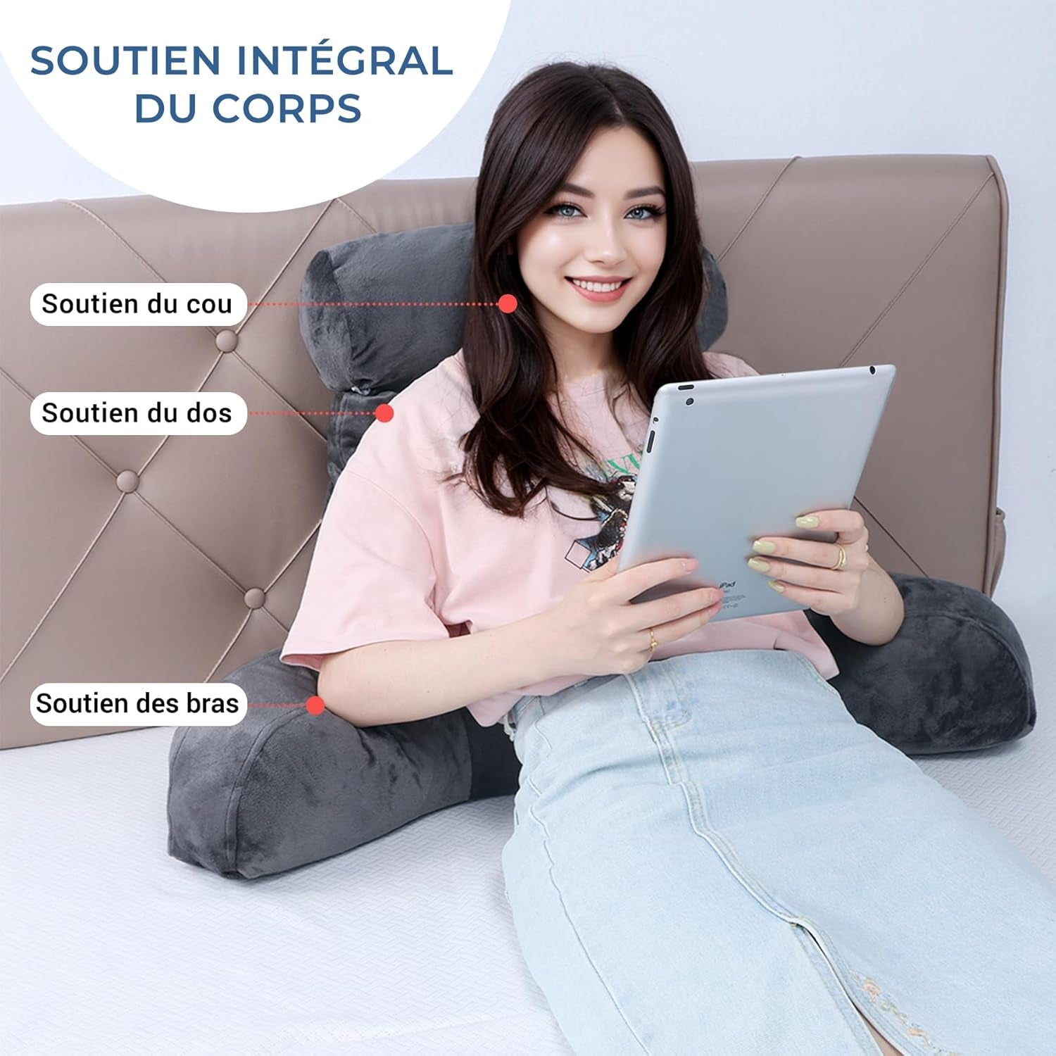 INFANZIA almohada de lectura ergonómica con reposabrazos, respaldo viscoelástico, gris, M