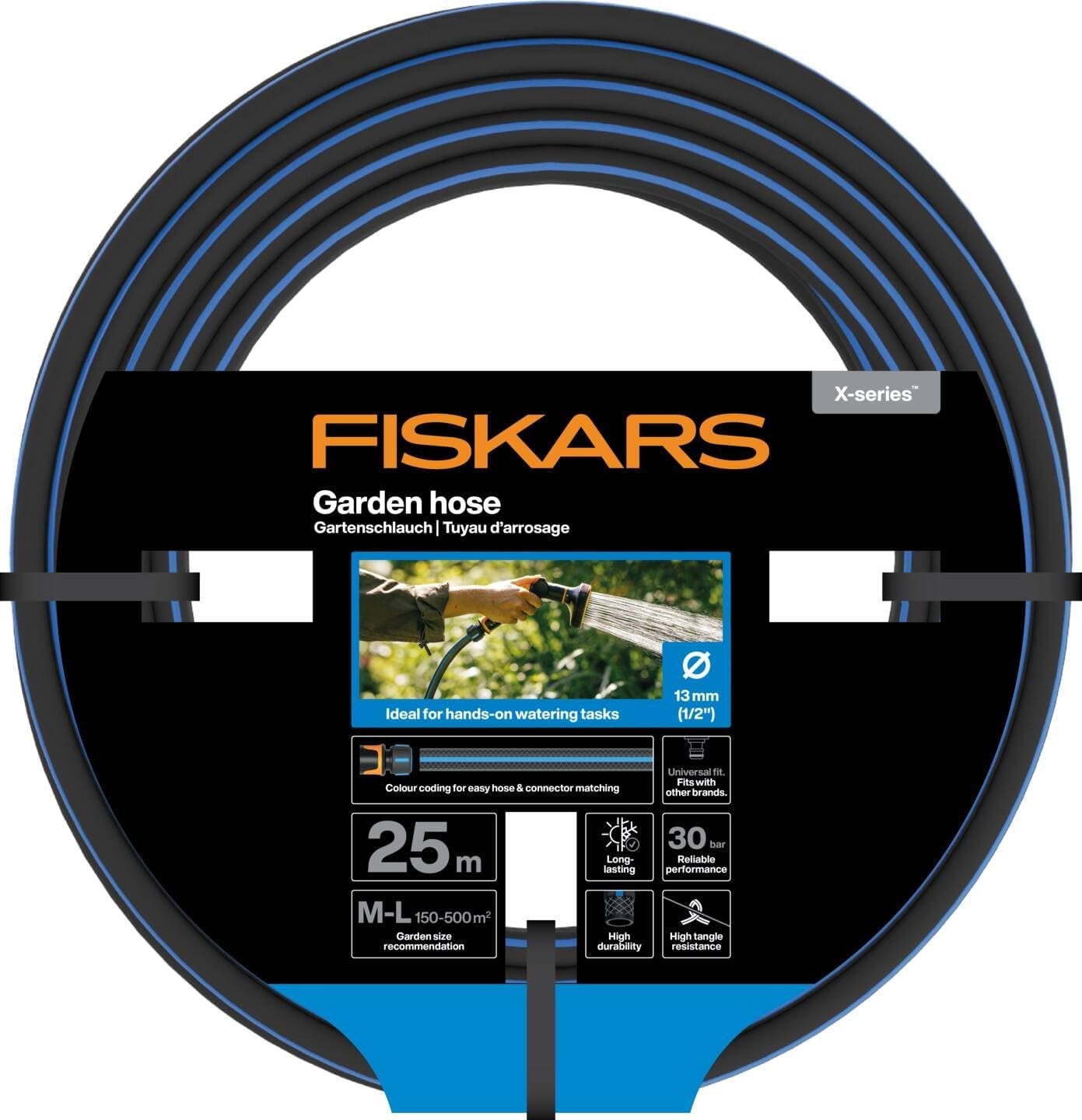 Fiskars Manguera de jardín ML X Series Manguera de agua para riego manual, 13 mm (1/2"), Longitud: 25 m, Conexión universal, Protección UV, Protección contra heladas, Resistente a la torsión, Azul, 1076045