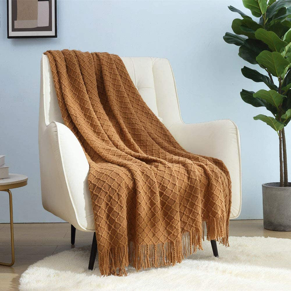 CREVENT Manta de punto color óxido para sofá, silla, cama, decoración del hogar, suave, cálida, acogedora, ligera, primavera, verano, otoño (127,8 x 152,4 cm, caramelo/marrón/naranja quemado) CREVENT Brown Camas y mantas