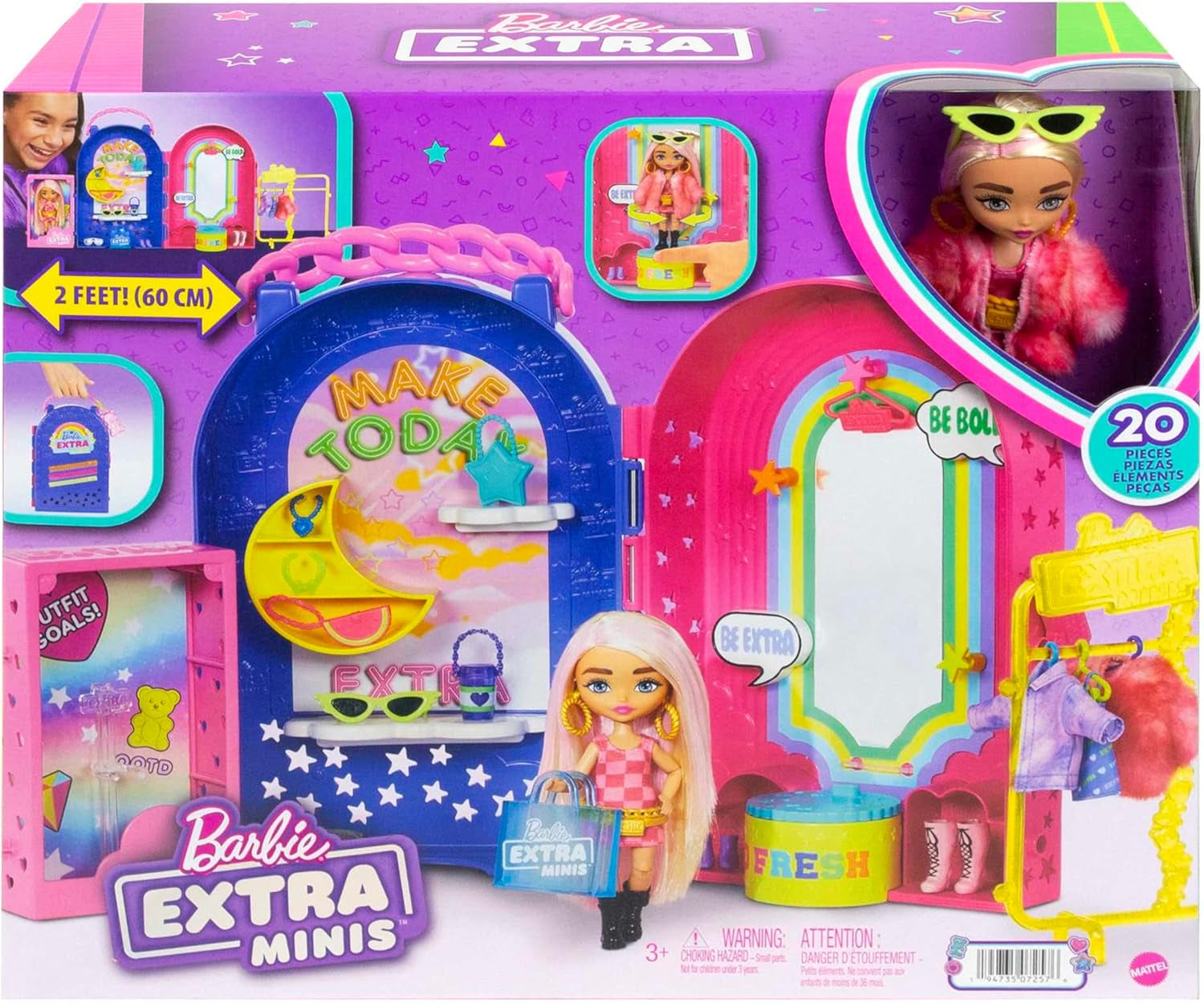 Barbie Extra Minis, Mini Muñeca Extra y Juego Boutique, Armario con Gabinetes, Estantes, Espejos, Plataforma 360, Mini Muñeca Extra con Accesorios para el Cabello Rosa, HHN15