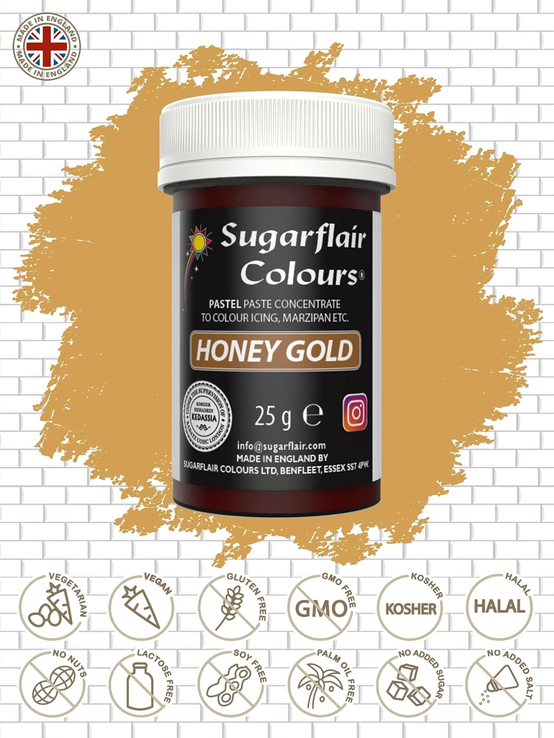 Colorante alimentario para pasta Sugarflair, color pastel Honey Gold, colorante alimentario para pasta para fondant y mazapán, Colores concentrados espectrales - 25 g