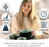 Vajilla para 6 personas de gres cerámico de 24 piezas, diseño Ibiza, GANADOR DE LA PRUEBA. Un precioso juego de vajilla mediterránea que incluye cuencos y platos. Juego de vajilla Pure Living, verde salvia.