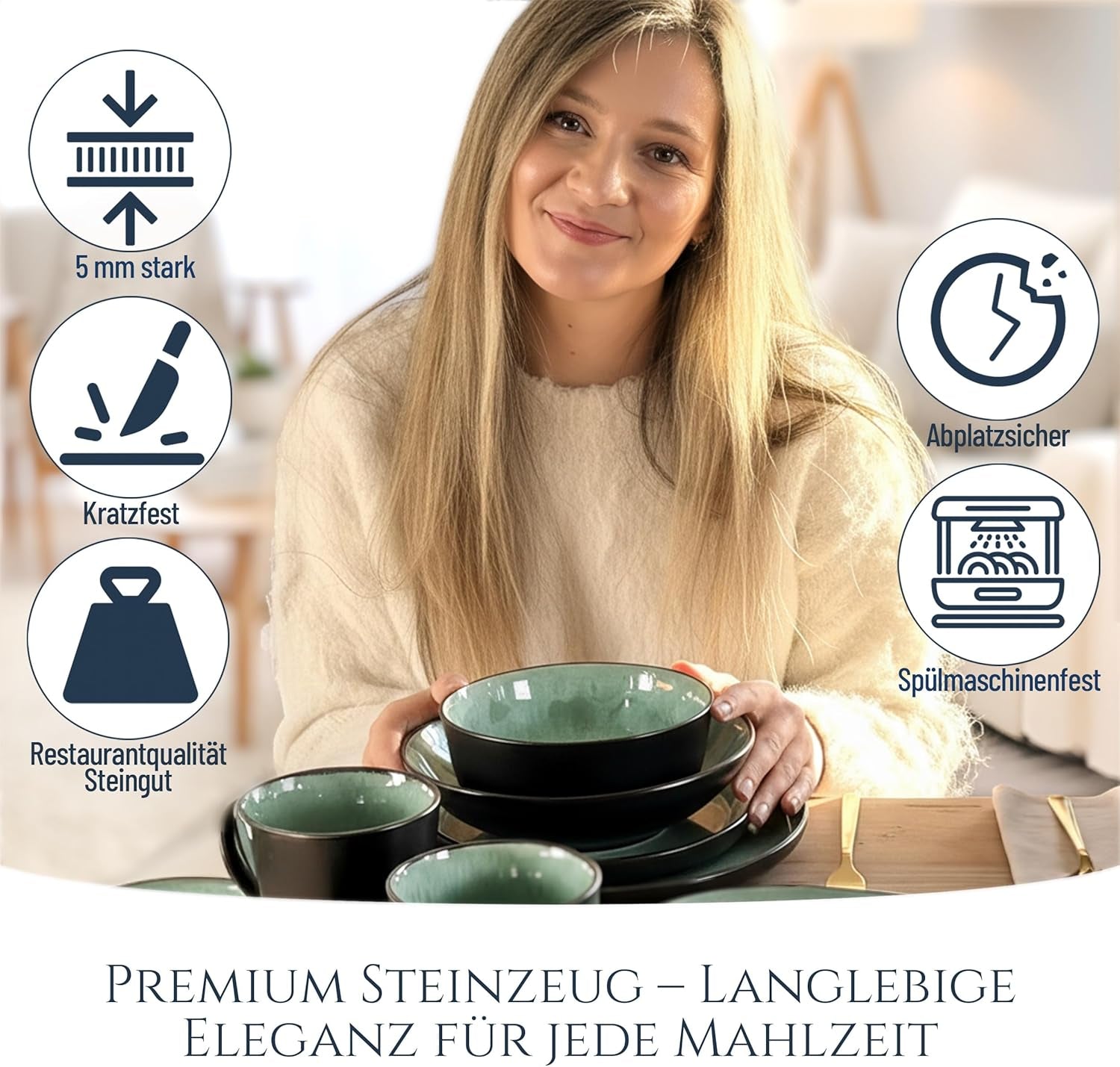 Vajilla para 6 personas de gres cerámico de 24 piezas, diseño Ibiza, GANADOR DE LA PRUEBA. Un precioso juego de vajilla mediterránea que incluye cuencos y platos. Juego de vajilla Pure Living, verde salvia.
