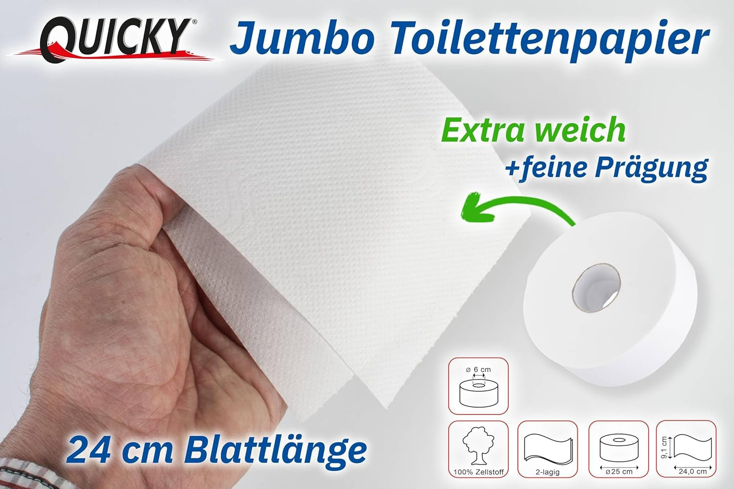 Papel higiénico Quicky Jumbo de 2 capas, 25 cm de diámetro, blanco brillante, con relieve de puntos finos, 6 rollos: absorbente y resistente al desgarro para una máxima higiene, ideal para instituciones públicas e industria