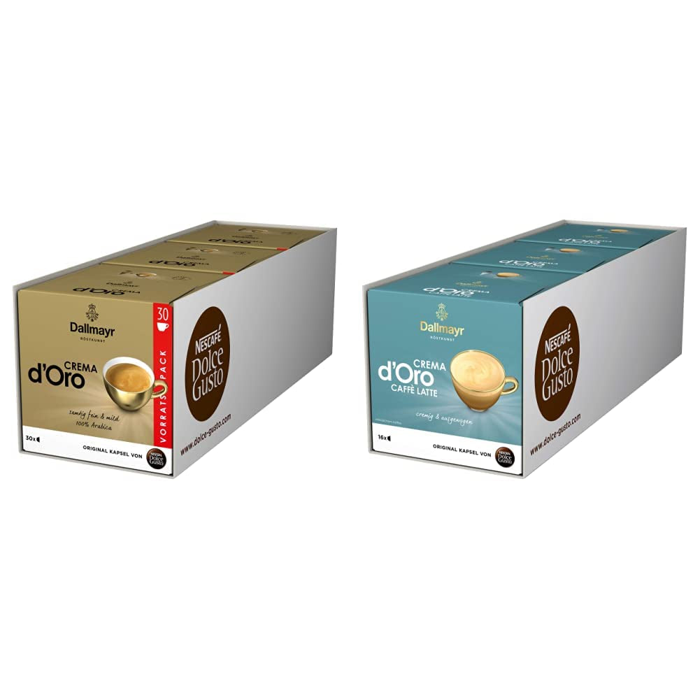 Dallmayr Crema d'Oro, XXL-Vorratsbox (3 x 30 Kapseln) y Dallmayr Crema d'Oro Caffè Latte (48 Kaffeekapseln, 48 Getränke, cremig & ausgefungen) Paquete de 3 (3 x 16 Kapseln)