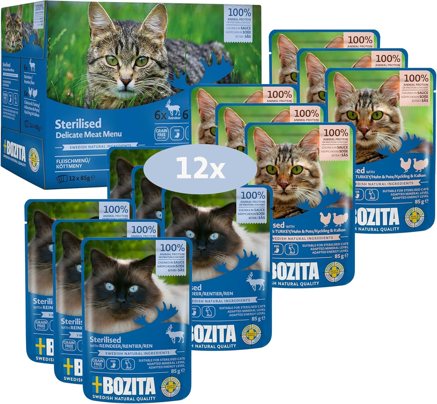 Bozita Multibox Comida Húmeda Esterilizada - Trozos en Salsa de Carne - Paquete de 12 sobres porcionados x 85 g sin cereales ni trigo - Comida para gatos con 8,5% de proteína y 3,5% de grasa