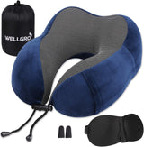 WELLGRO Juego de almohadas cervicales con antifaz para dormir 3D y tapones para los oídos - Funda extraíble - Espuma viscoelástica - Cierre de cremallera - Incluye bolsa de almacenamiento - Almohada de viaje - Color a elegir, Color:Gris Almohadas ortopédicas cervicales Naty Shop Azul oscuro