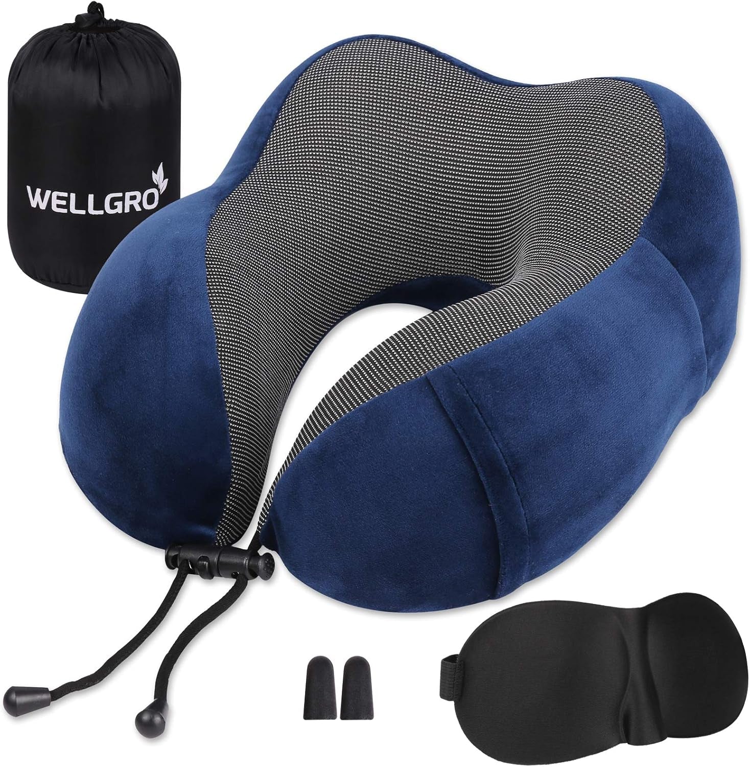 WELLGRO Juego de almohadas cervicales con antifaz para dormir 3D y tapones para los oídos - Funda extraíble - Espuma viscoelástica - Cierre de cremallera - Incluye bolsa de almacenamiento - Almohada de viaje - Color a elegir, Color:Gris Almohadas ortopédicas cervicales Naty Shop Azul oscuro