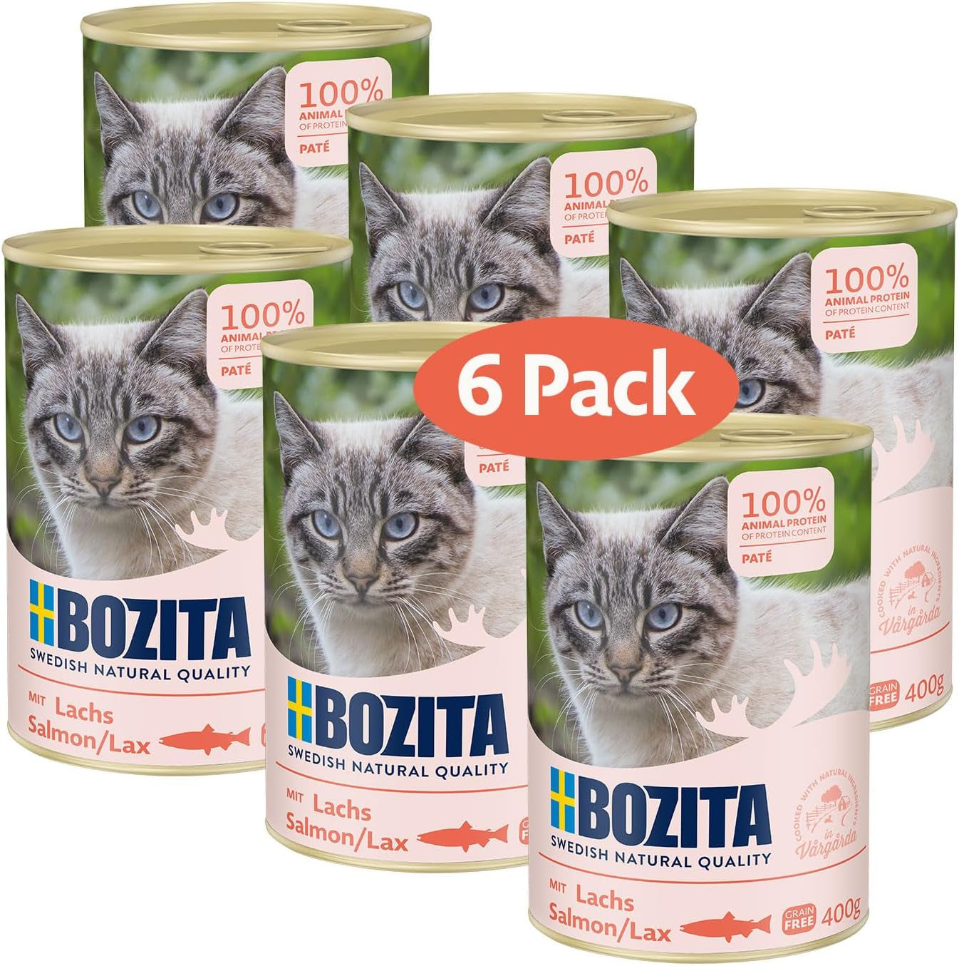 Paté de salmón sin cereales Bozita – 6 x 400 g comida húmeda para gatos y gatitos. Alimento completo con 9,5% de proteínas y 5% de grasas, elaborado con ingredientes naturales de alta calidad, sin cereales - de Suecia