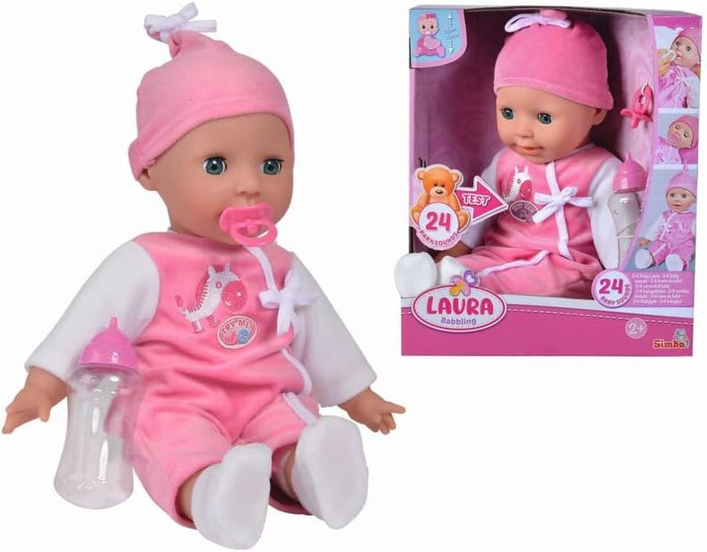 Simba 105140489 - Muñeca Laura Baby Talk, Muñeca de cuerpo suave de 38 cm con ojos soñolientos y mono lindo, 24 sonidos de bebé, Muñeca de juego, Muñeca bebé, Edad 2+
