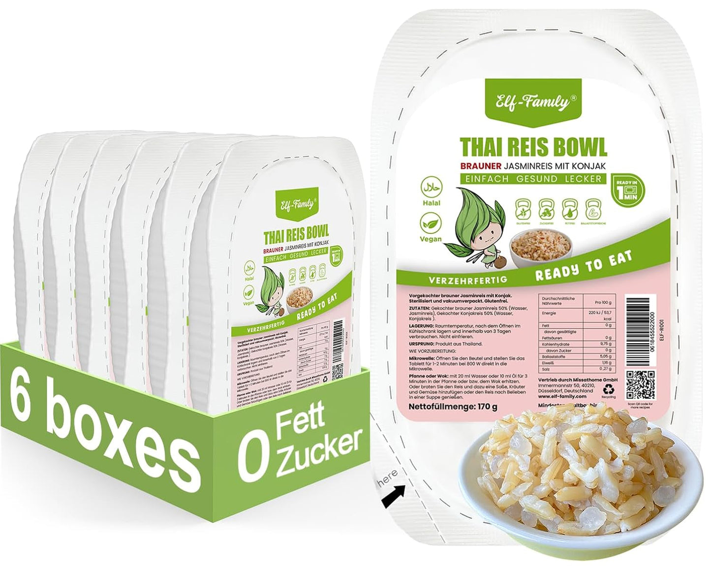 Elf-Family Konjak Reis Thai Brauner Shirataki Bowl -[Diätbox für 1 Wo.] - Instant Jasmin Reis - Fertiggerichte für Mikrowelle - Natürlich Superfoods Mikronährstoffe - Vegano/Bajo en carbohidratos/Fettfrei- Caja de 6 unidades