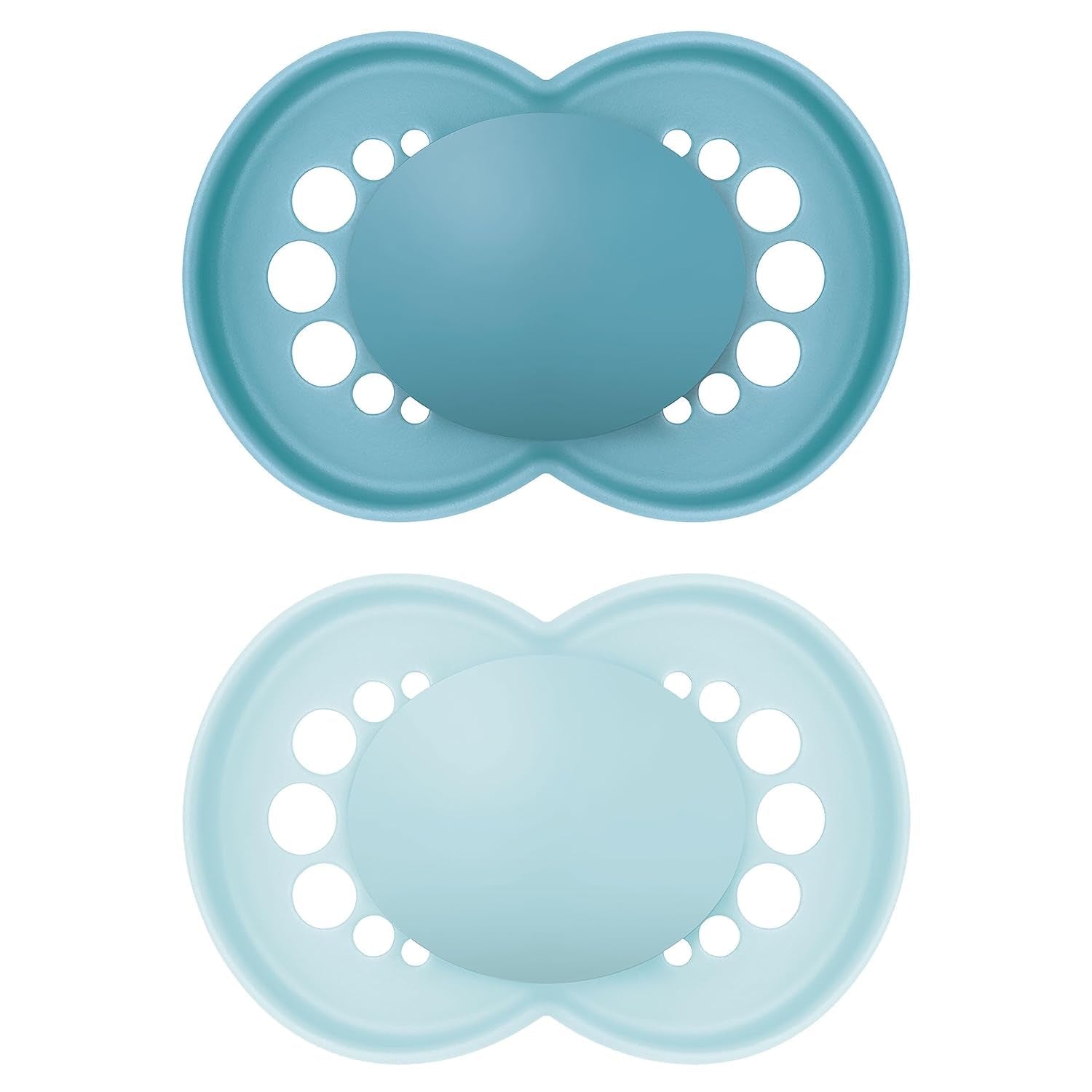 MAM Chupetes originales, paquete de 2, chupetes respetuosos con los dientes, fabricados con materiales sostenibles y bioregenerables, tetinas de silicona MAM SkinSoft, con caja para chupete, 6-16 meses, azul/azul claro