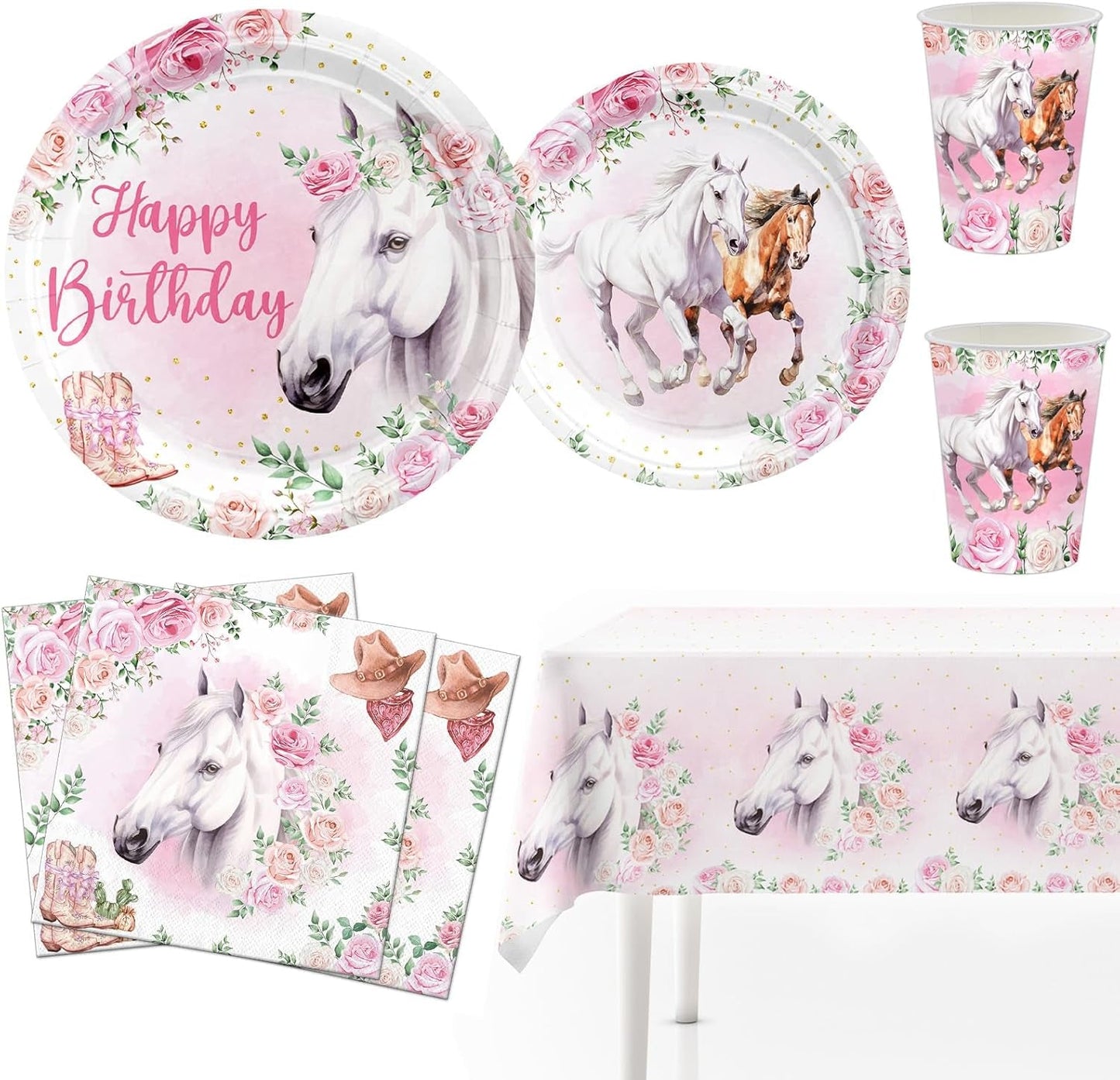 Juego de fiesta de 51 piezas, platos y vasos de papel de caballo rosa, servilletas, decoración de mesa de cumpleaños para niños y niñas