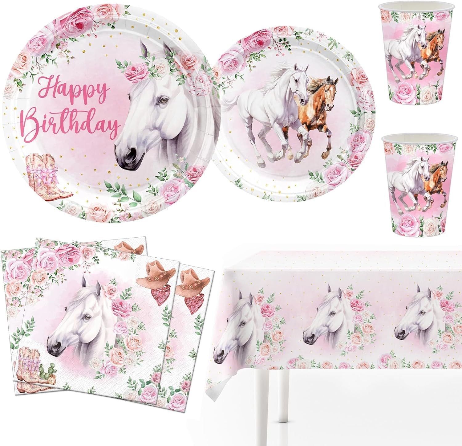 Juego de fiesta de 51 piezas, platos y vasos de papel de caballo rosa, servilletas, decoración de mesa de cumpleaños para niños y niñas