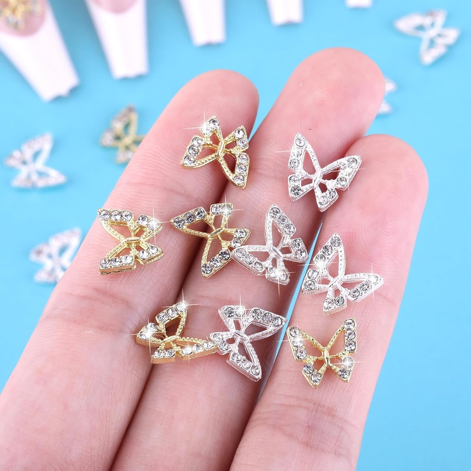 20 piezas de dijes de uñas de mariposa con purpurina, diamantes de imitación para decoración de uñas, piedras para uñas, arte de uñas de mariposa, diamantes de imitación, dijes de uñas para el día de San Valentín, decoración de caja de teléfono móvil DIY