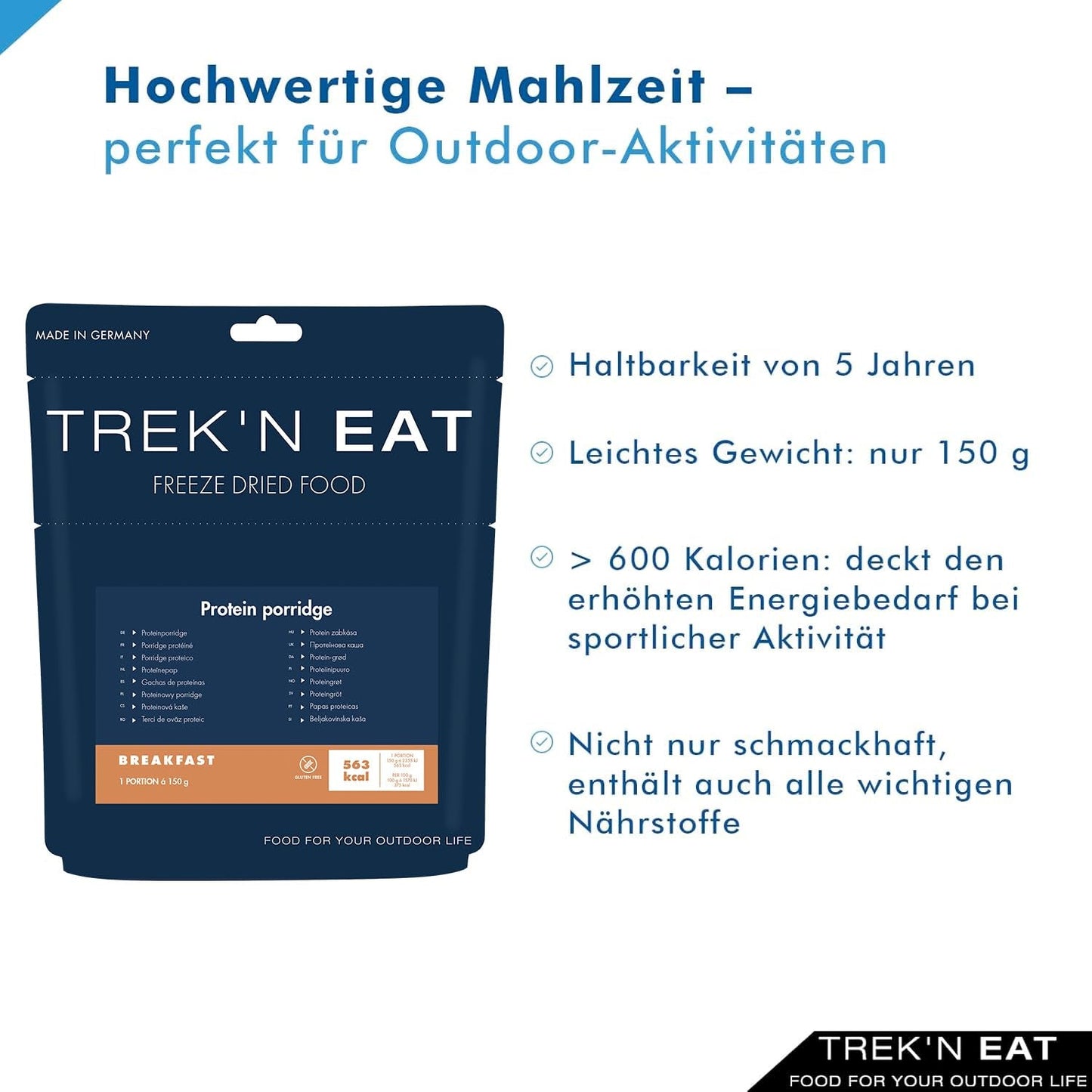 Trek'n Eat Protein Porridge: desayuno rico en proteínas para el aire libre | Mesa liofilizada para camping, senderismo y expediciones | Relleno, rápido de preparar, ideal para viajar