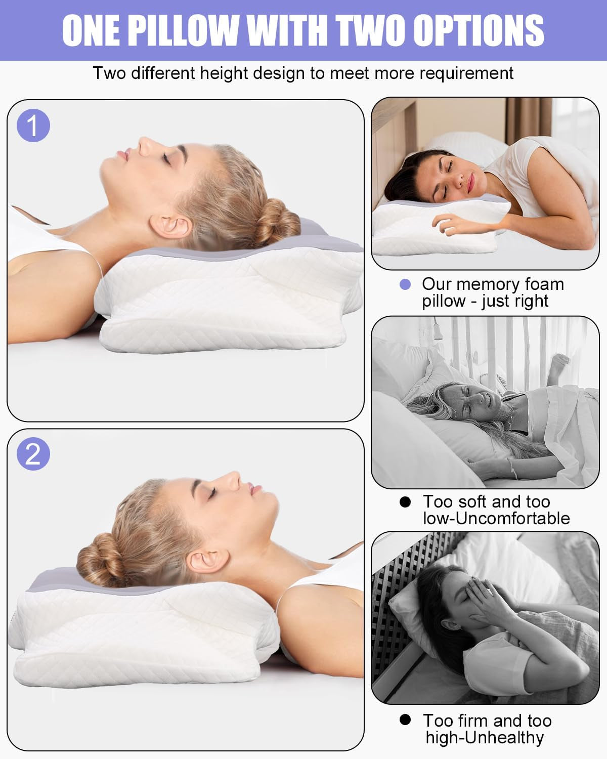 Almohada para el cuello, almohada de apoyo lateral, almohada de espuma viscoelástica, almohada ortopédica, almohada ergonómica de apoyo para el cuello para un soporte óptimo Almohada de apoyo lateral para la espalda y el estómago (62 x 41 x 13 cm) Almohadas ortopédicas cervicales Naty Shop