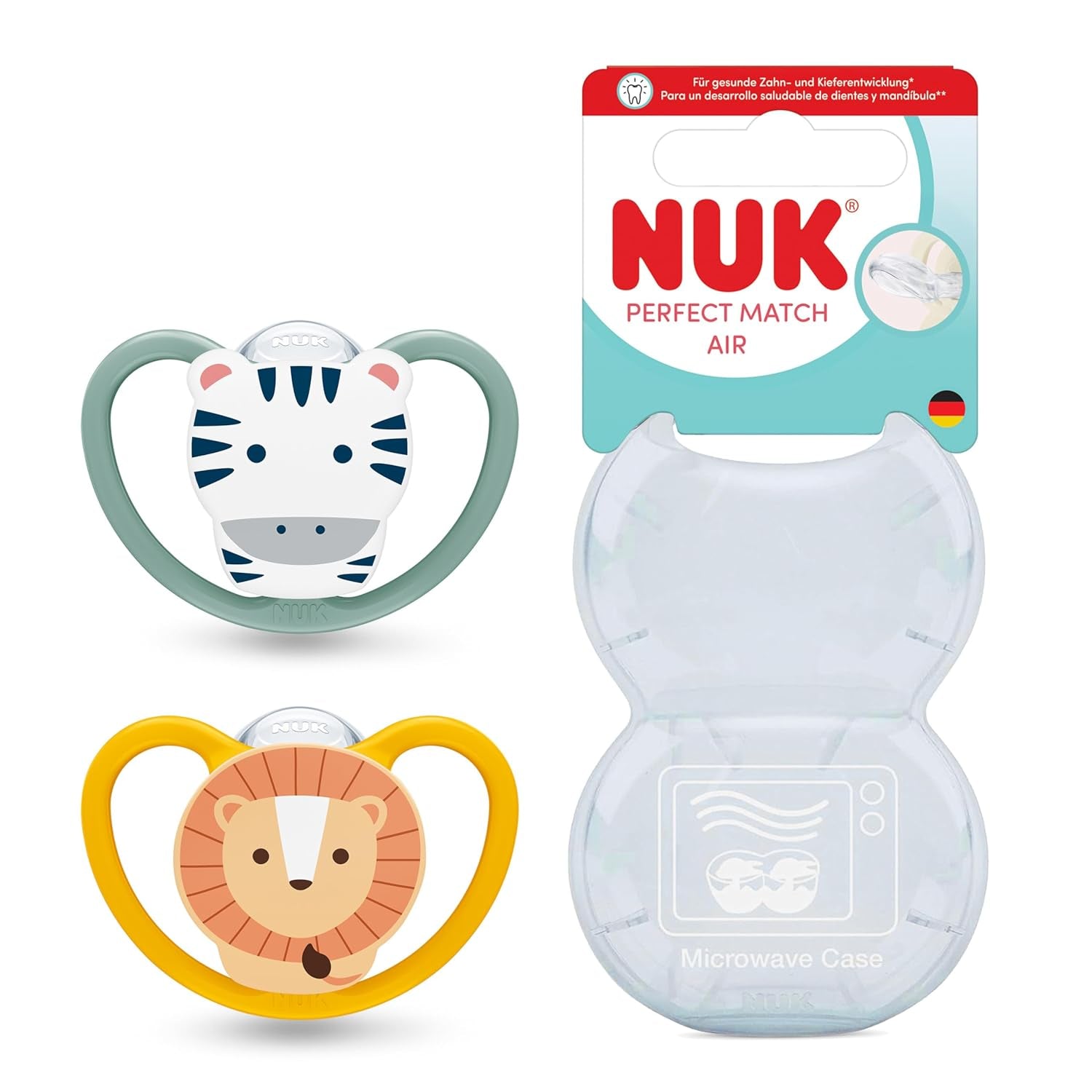 Chupetes NUK Perfect Match Air para bebés | 6-18 meses | Chupetes de ortodoncia que favorecen la circulación del aire y previenen erupciones provocadas por la saliva | 95% de aceptación por parte de los bebés** | Cebra/Leo | Paquete de 2
