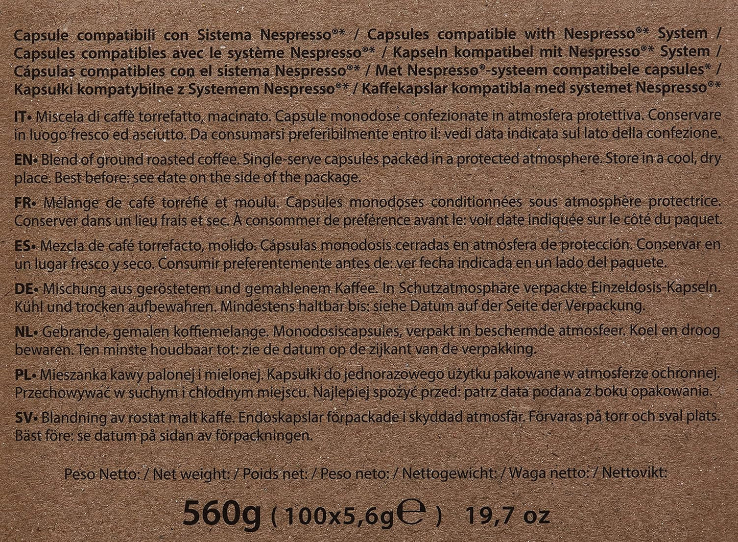 Cápsulas de Café Decaffeinato Compatibles Nespresso 5,6g x 100 cápsulas