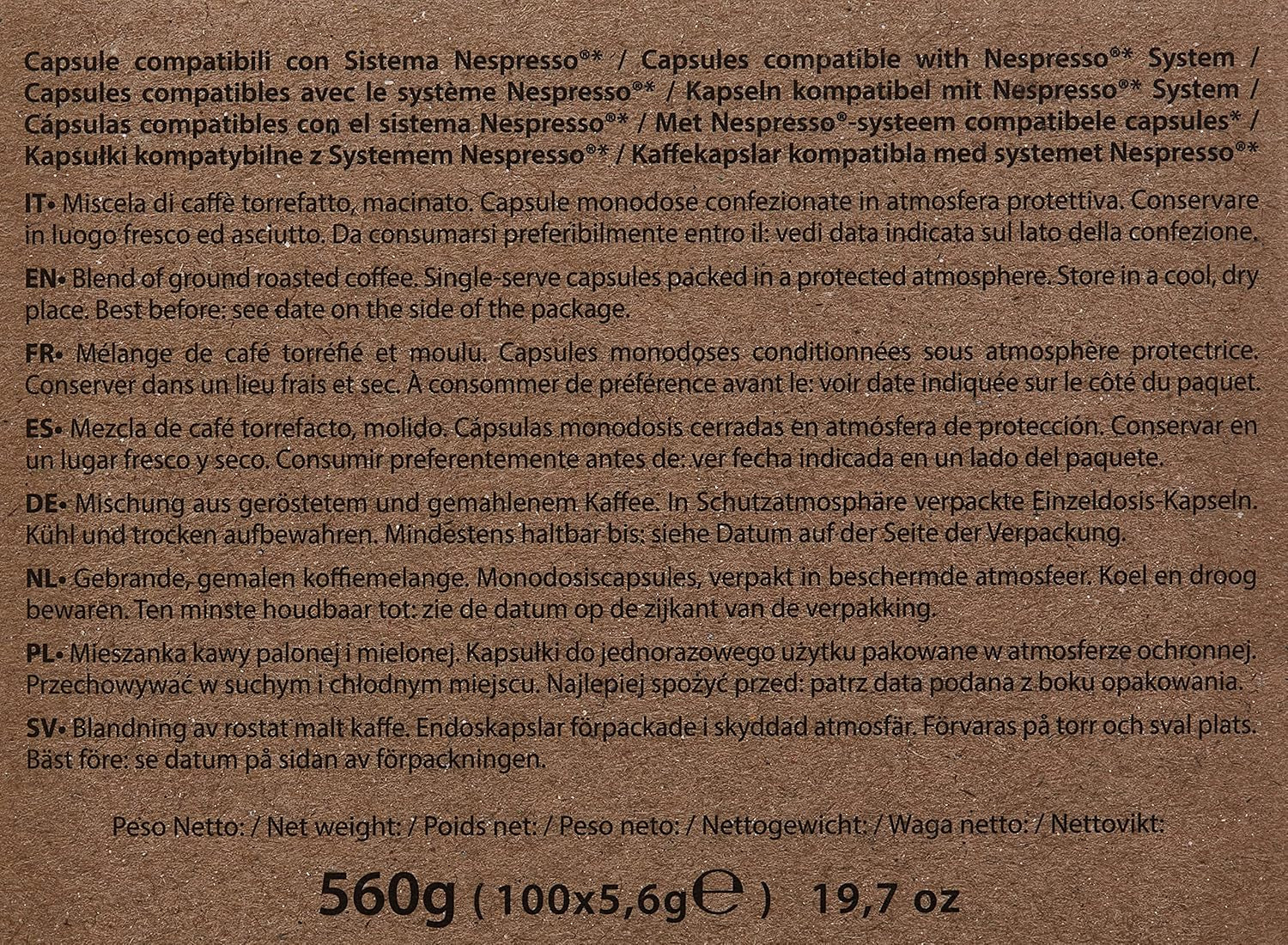 Cápsulas de Café Decaffeinato Compatibles Nespresso 5,6g x 100 cápsulas