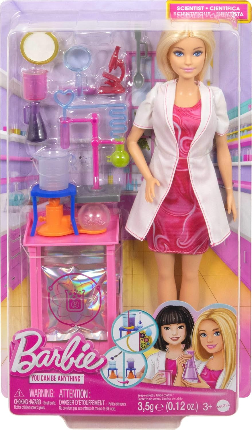 Muñeca científica Barbie y accesorios con moderna muñeca rubia, mesa de laboratorio, microscopio, vaso que cambia de color y placa de Petri, JCR70