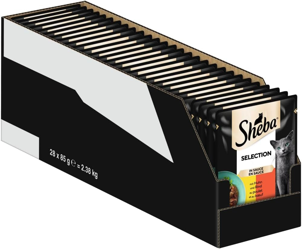 Comida húmeda para gatos Sheba Selection en bolsitas porcionadas con pollo y ternera en salsa 28x85g