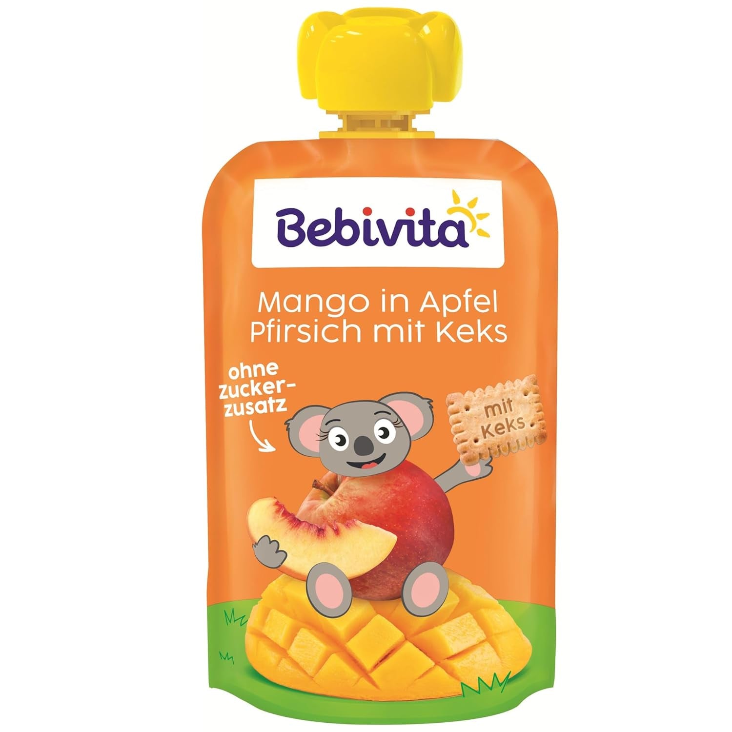 Mango en salsa de manzana y melocotón con bolsa de galletas (6 x 120 g), sin azúcares añadidos, a base de frutas suaves y valiosos cereales, ideal para snacks envasados ​​y para llevar.