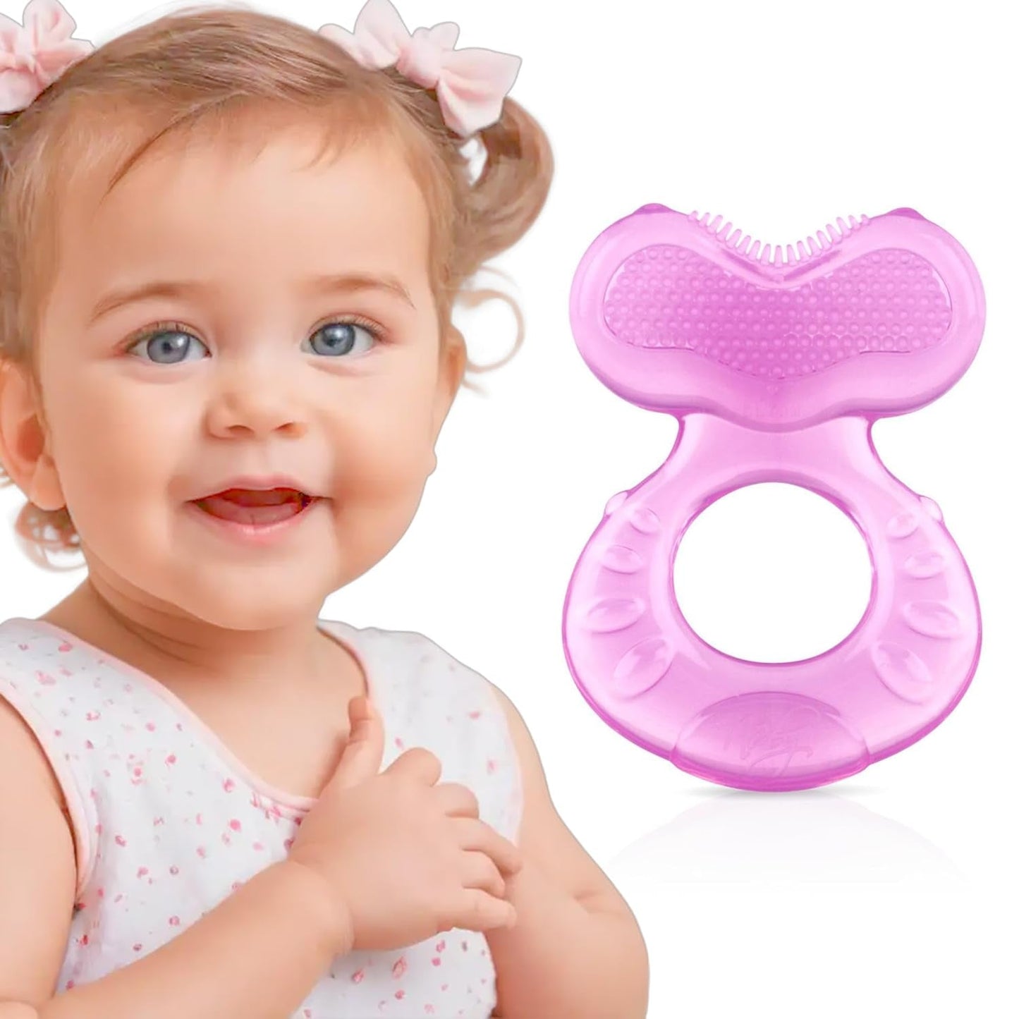 Mordedor de silicona suave Nuby Teethe-eez | Ayuda para la dentición de silicona con superficie texturizada para masajear las encías | Funda higiénica incluida | Rosa | A partir de 3 meses