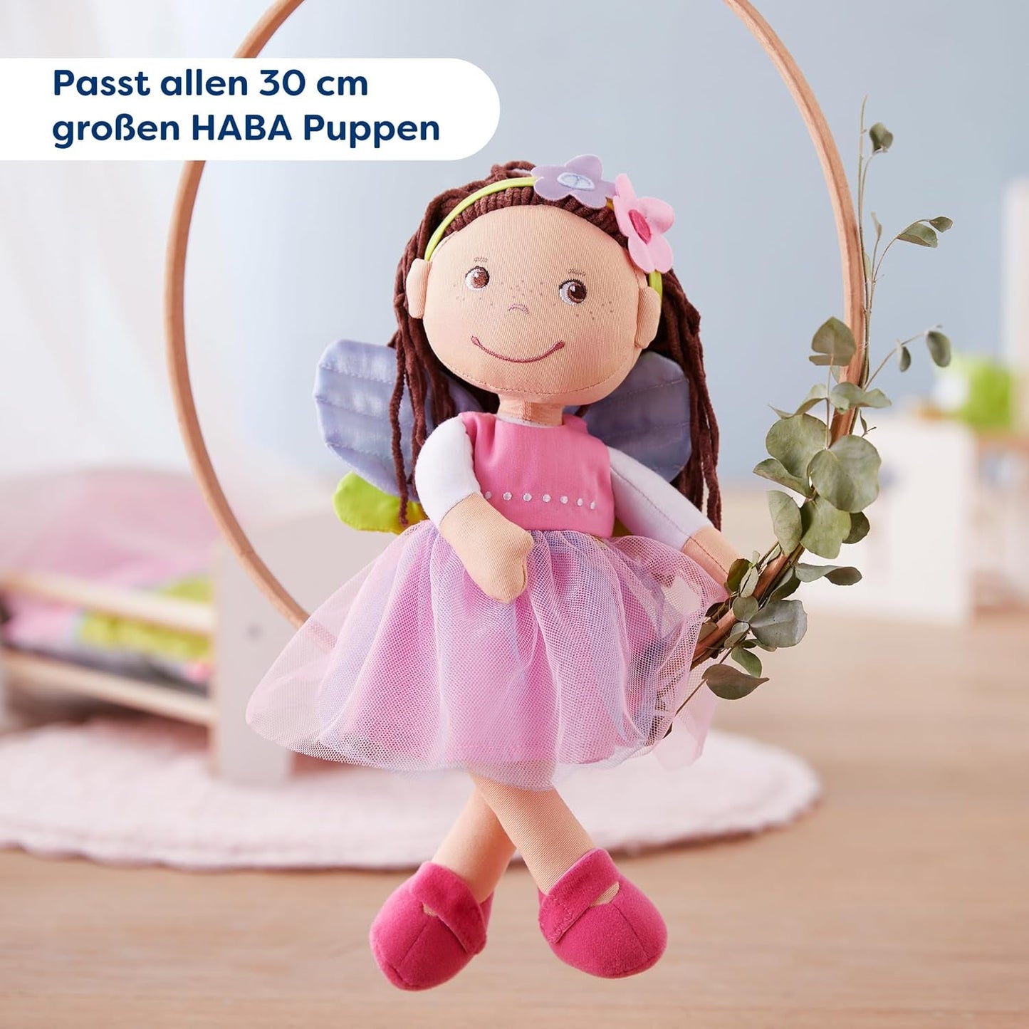 HABA Ropa para muñecas Fairy Magic - Juego de 2 piezas para muñecas de 18 meses en adelante (30 cm) - Vestido de tul con alas, diadema de flores incluida - 1306243001