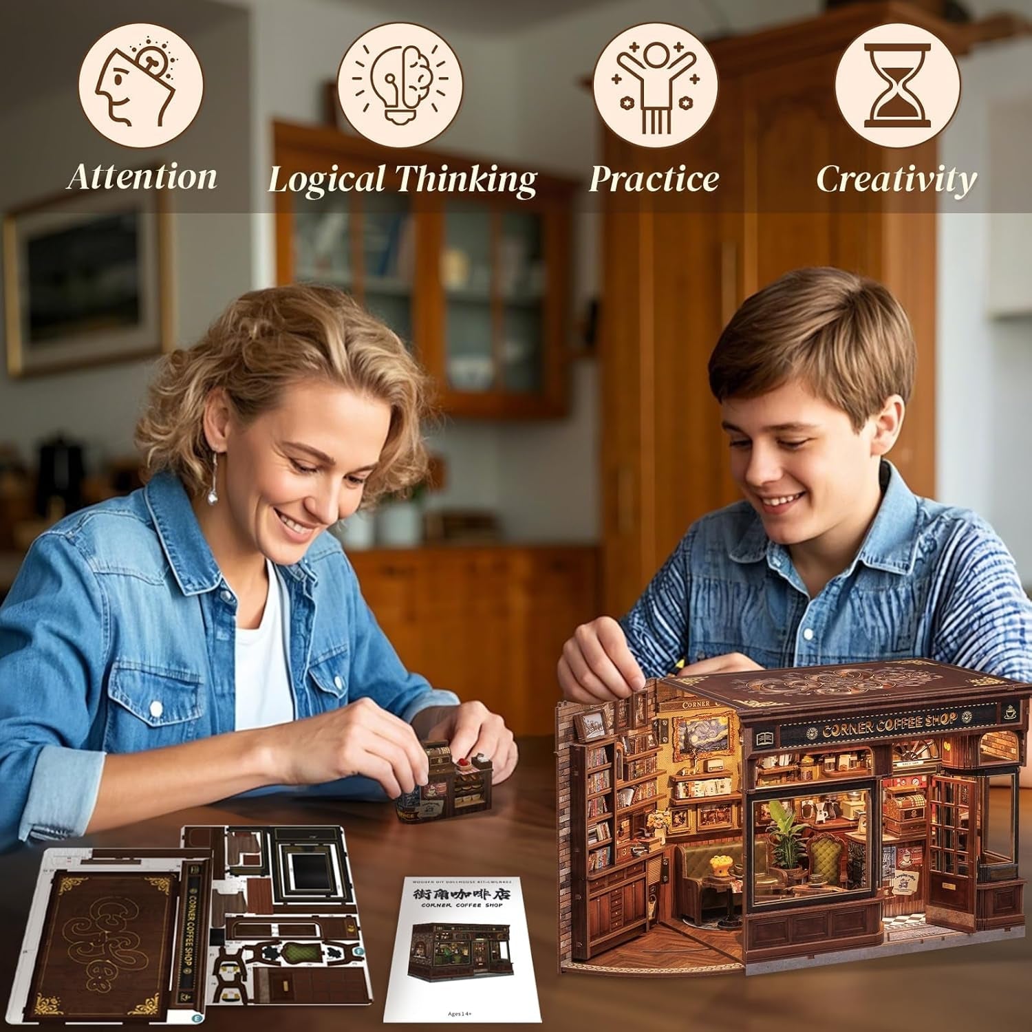 CUTEBEE Kit de esquina para libros – Casas de muñecas DIY, kit de construcción de casa en miniatura con luz LED para adultos, rompecabezas de madera 3D y soporte para libros – Decoración de estantería y regalo (café de esquina)