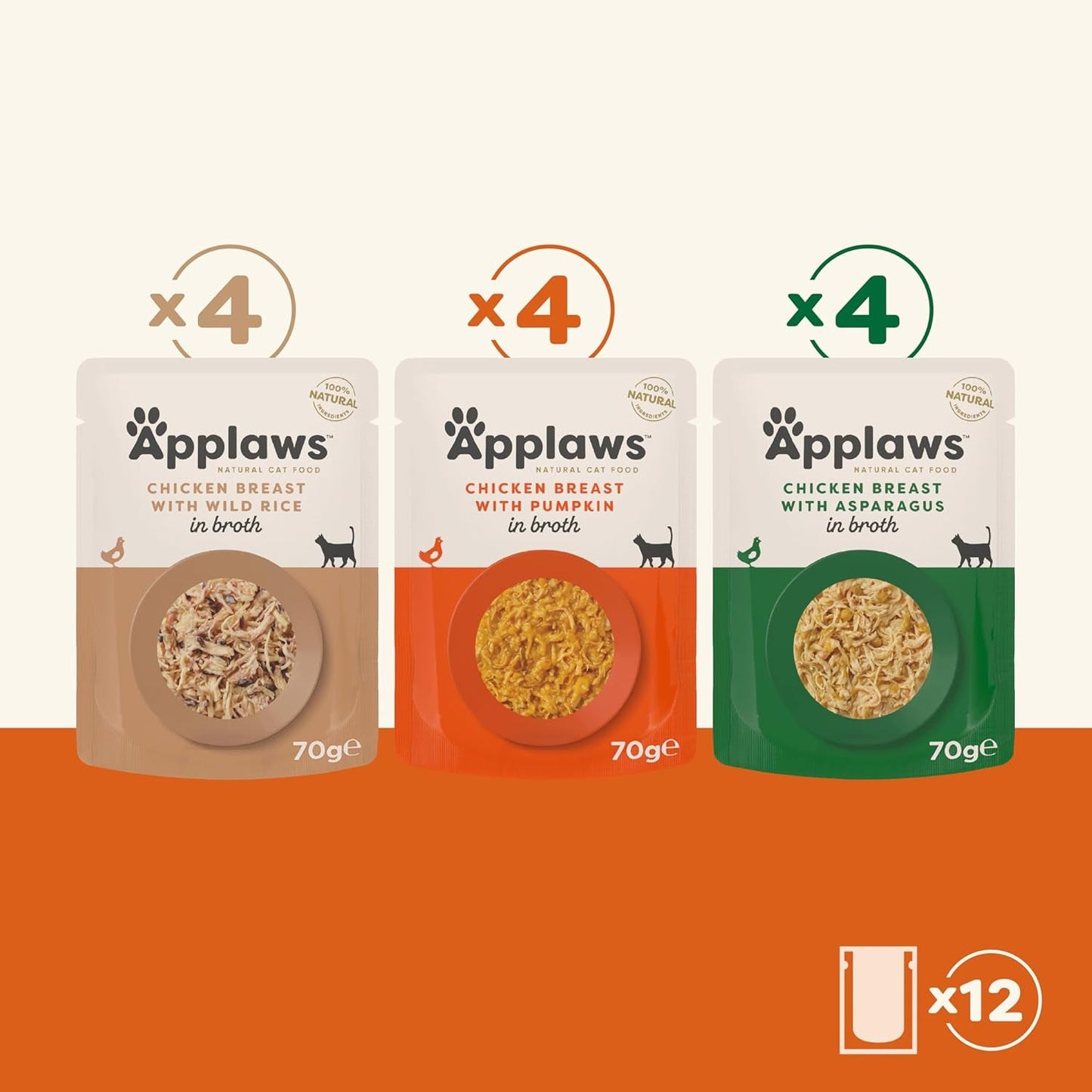 Applaws Premium Comida Húmeda Natural para Gatos, Selección de Pollo en Sopa 70g Sobres Porcionados (12x70g)
