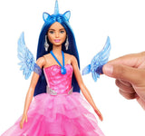 Barbie Hidden Magic - Muñeca Unicornio, Vestido Rosa con Detalles Azul Zafiro, Diadema de Unicornio, Alas y Cola de Zafiro Desmontables, Edades de 3 años en adelante, HRR16