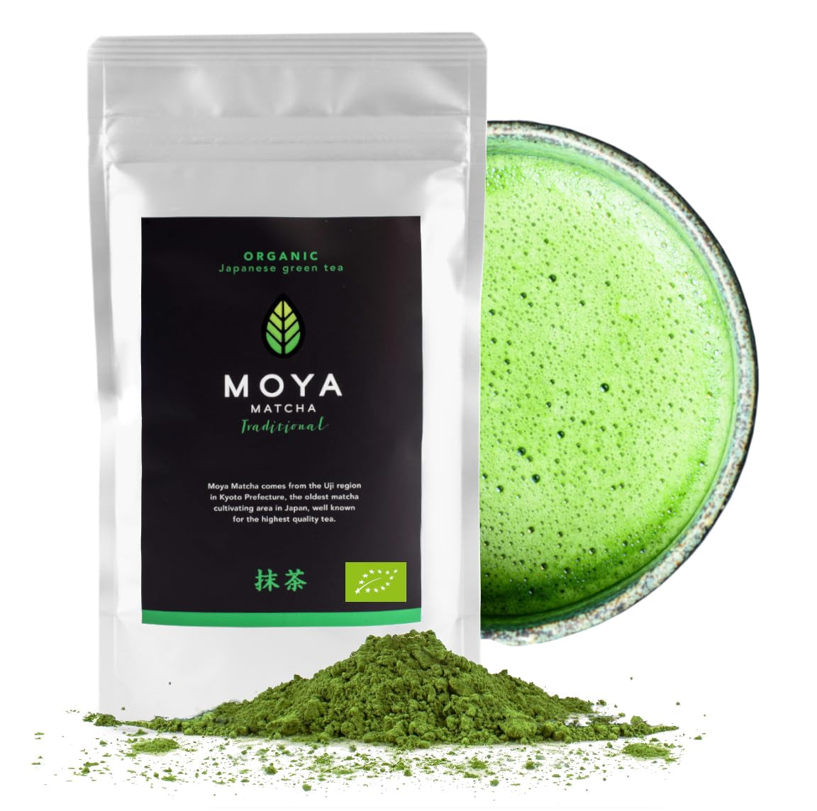 Moya Matcha té verde orgánico en polvo | 100 g ceremonia tradicional calidad 30 g | Cultivado y cosechado orgánicamente en Uji, Japón | Perfecto para beber con agua, matcha lattes, batidos y limonadas.