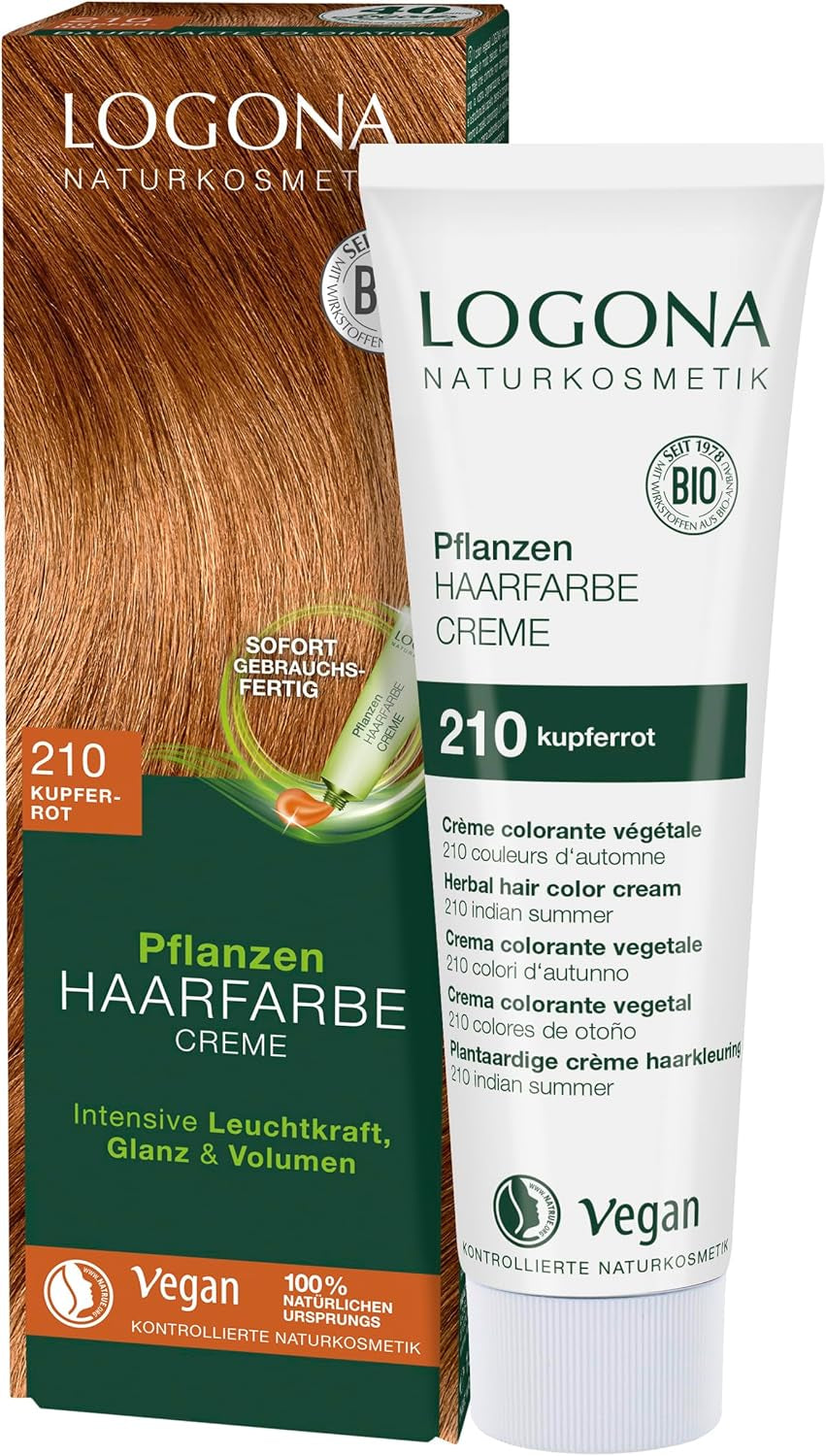 LOGONA Cosmética Natural Coloración Vegetal en Crema 240 Marrón Turrón Natural Henna Castaño Coloración en Crema Tonos Marrones Tinte para el Cabello Oscuro 150 ml Naty Shop Tinte para el Cabello 210 Rojo Cobre [Verano Indio]