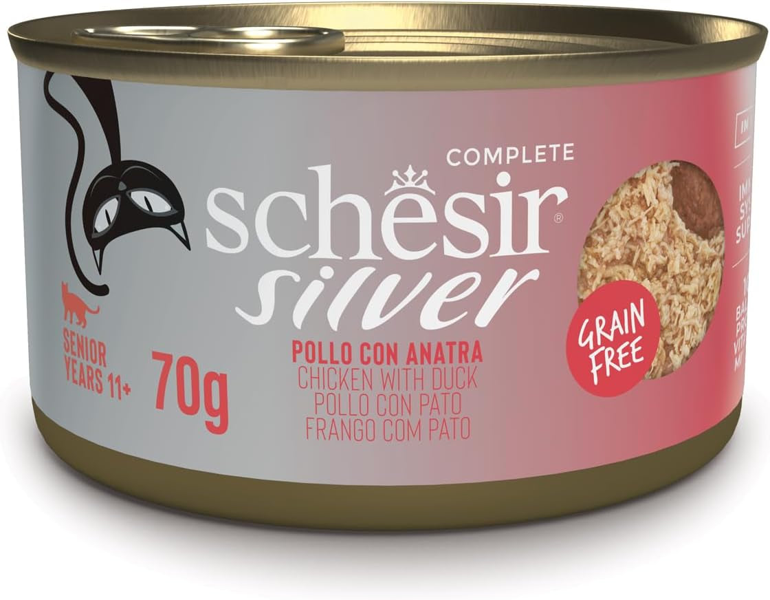 Silver Pollo con Mousse de Pato y Filetes, Alimento Húmedo Completo para Gatos Mayores, Sin Cereales, Apoyo Inmunológico, Fuente de Humedad, 12 x 70 g