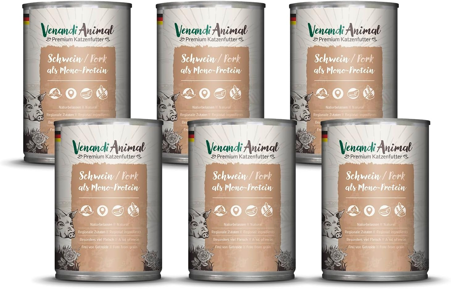 Venandi - Comida húmeda premium para gatos - Carne de cerdo como proteína única, 6 x 400 g (paquete de 6), sin cereales y con carne adicional