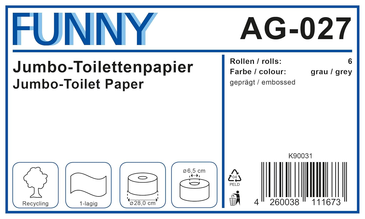 Funny AG-027 Papel higiénico Jumbo, 1 capa, reciclado, diámetro 28 cm (paquete de 6)