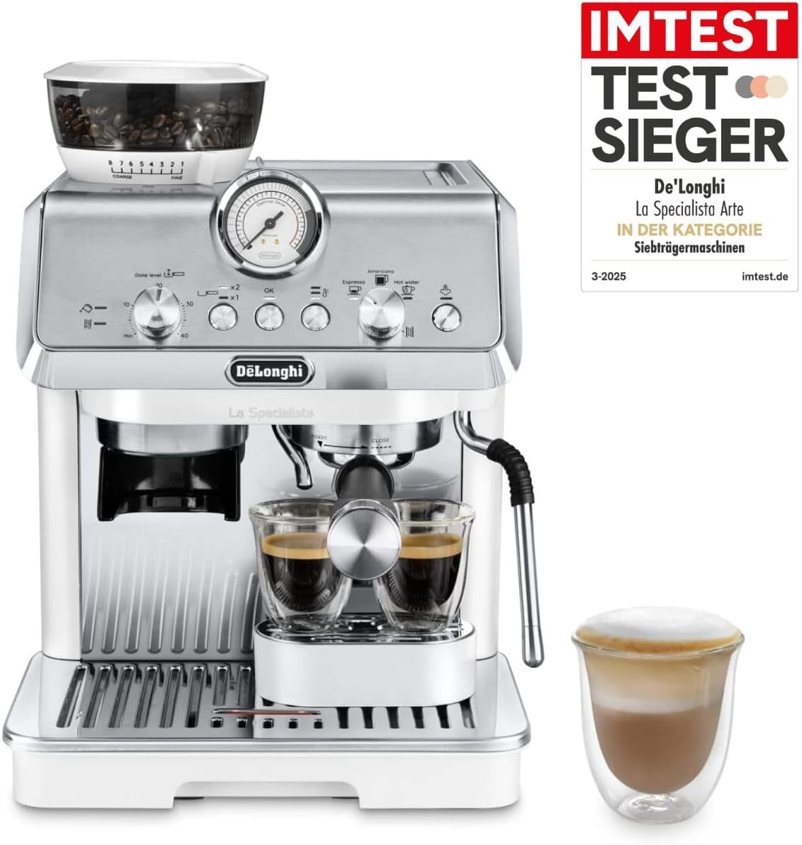 De'Longhi La Specialista Arte EC9155.MB Cafetera espresso con portafiltro y molinillo, 8 niveles de molido, 15 bares de presión, 3 niveles de temperatura, espumador de leche, 1550 W, depósito de 1,7 L, acero inoxidable/negro, incluye kit de barista