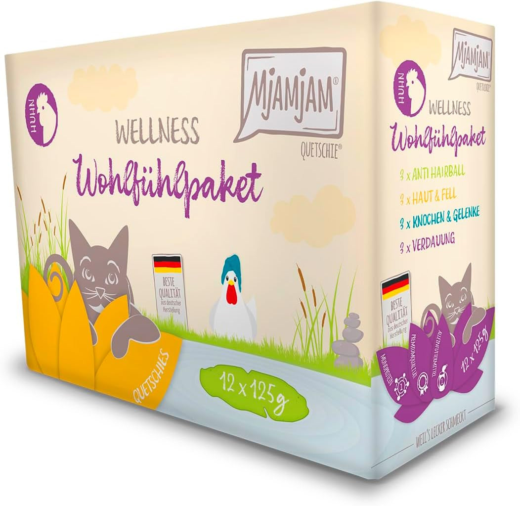 MjAMjAM - Comida húmeda premium para gatos - Paquete de bienestar con pollo, paquete de 12 (12 x 125 g) sin cereales con carne extra