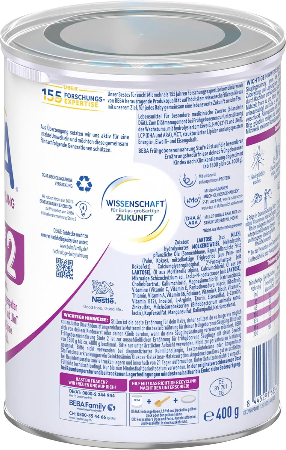 BEBA Fórmula para bebés prematuros etapa 2: bebés prematuros después del alta hospitalaria, alimentos para bebés, leche en polvo para bebés, 1 paquete (1 x 400 g)
