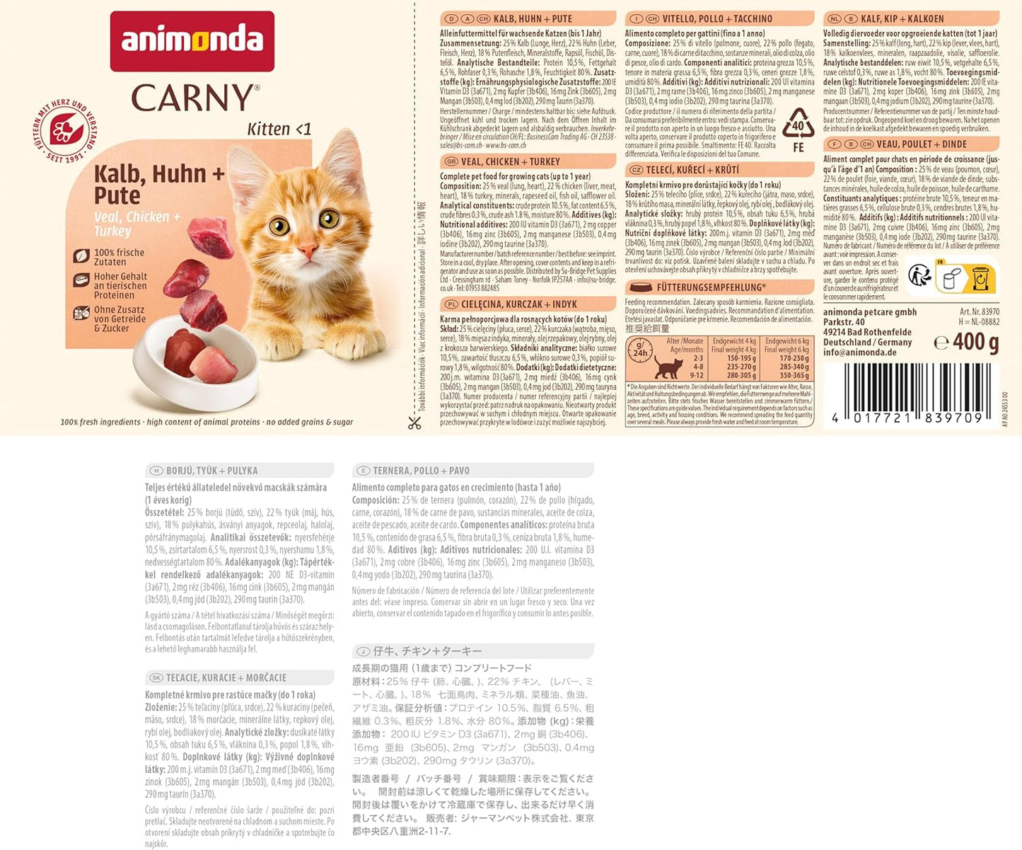 animonda Carny Katzen Nassfutter Kitten Chicken + Pute (12 x 400 g), Kitten getreidefreies Katzennassfutter ohne Zucker für wachsende Kätzchen bis 1 Jahr, mit frischen Ingredient