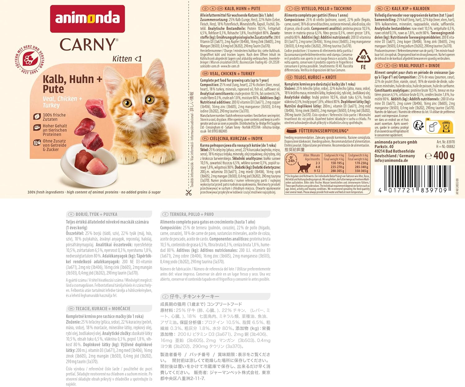 animonda Carny Katzen Nassfutter Kitten Chicken + Pute (12 x 400 g), Kitten getreidefreies Katzennassfutter ohne Zucker für wachsende Kätzchen bis 1 Jahr, mit frischen Ingredient