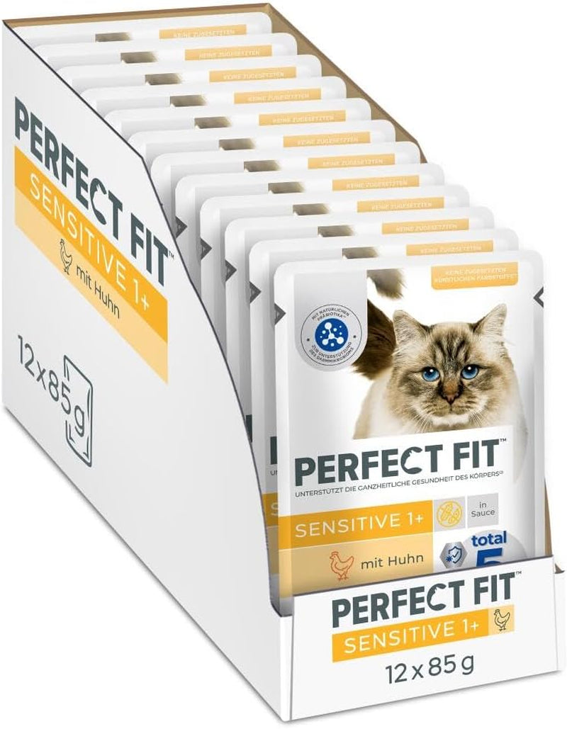 Comida húmeda para gatos Perfect Fit Sensitive 1+ con pollo en salsa, 12 sobres, 12 x 85 g - Comida húmeda premium para gatos sensibles a partir de 1 año, sin trigo ni soja, para favorecer la digestión
