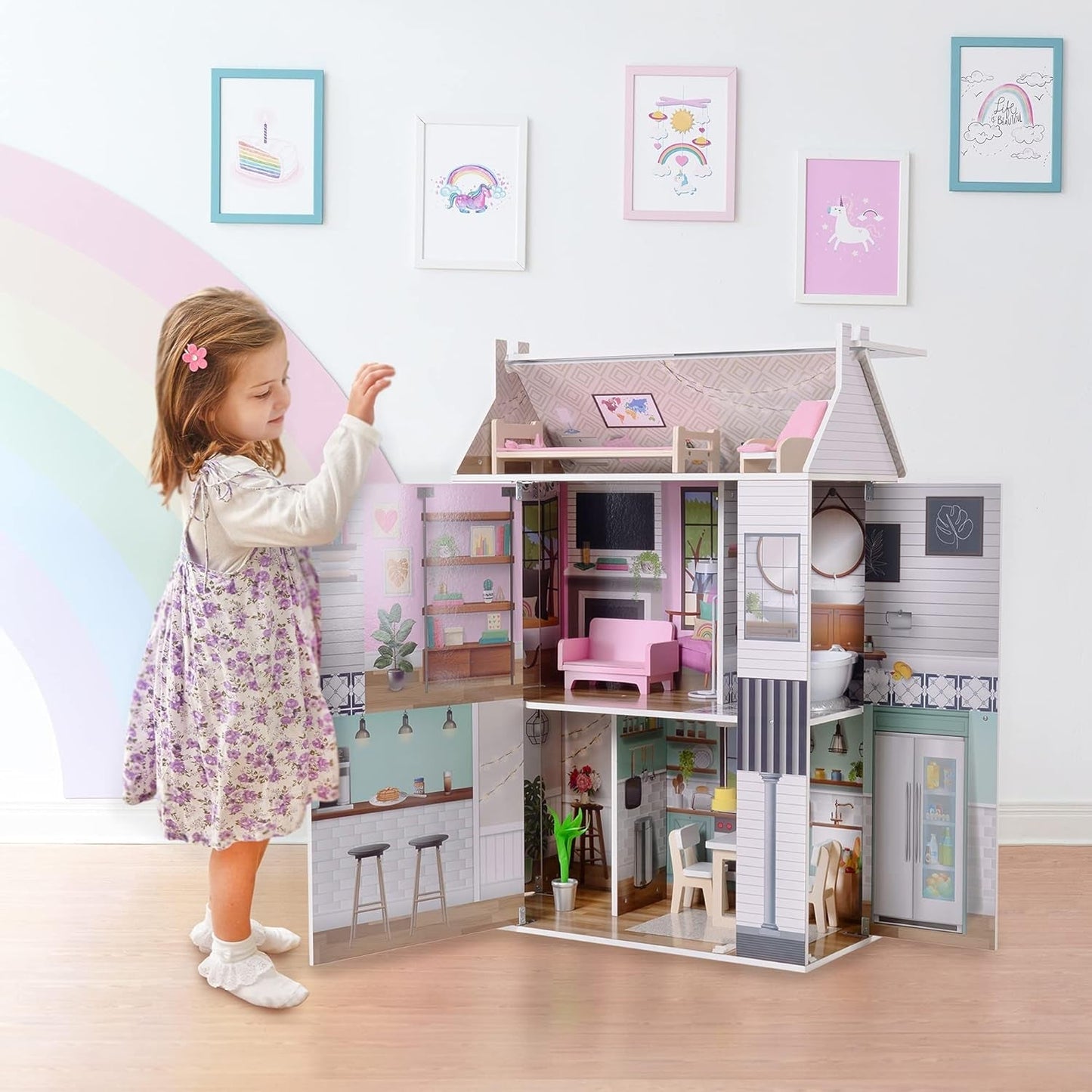 Olivia'S Little World Dreamland Farmhouse Casa de Muñecas Interactiva de Madera para Niños 3 Pisos con 13 Accesorios para Muebles para Muñecas Blanco TD-13632A Casas de Muñecas Naty Shop