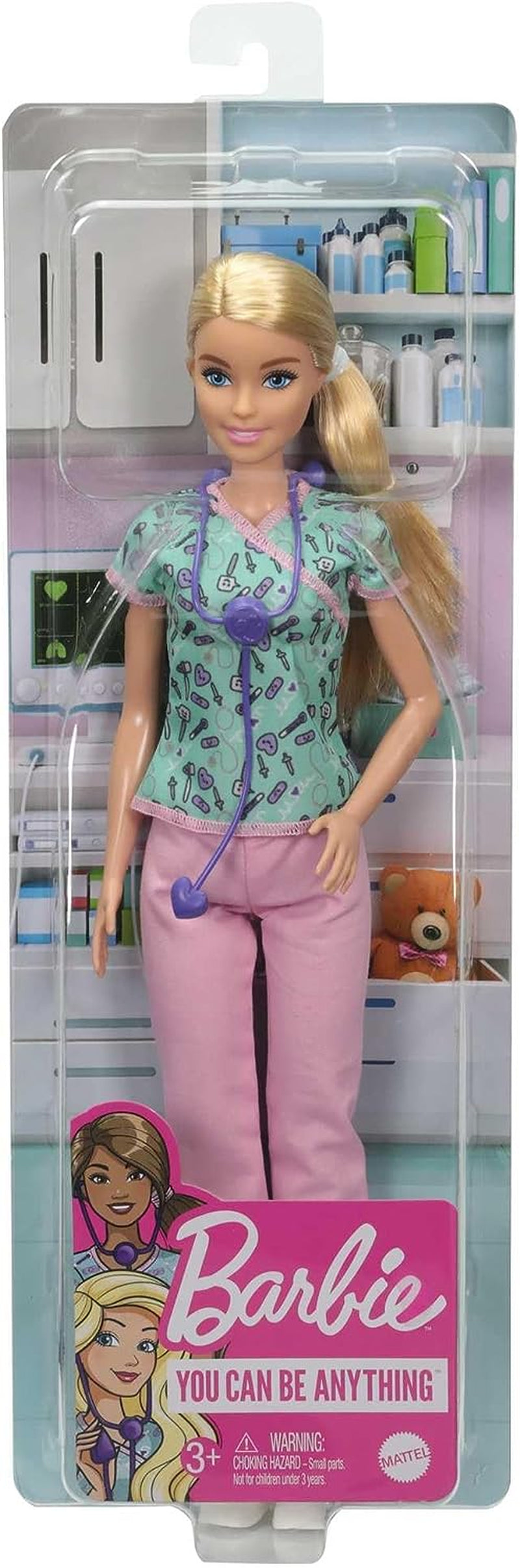Muñeca Barbie GTW39 - Enfermera (aprox. 30 cm) con top estampado y pantalones rosas, zapatos blancos y estetoscopio, gran regalo para niños a partir de 3 años