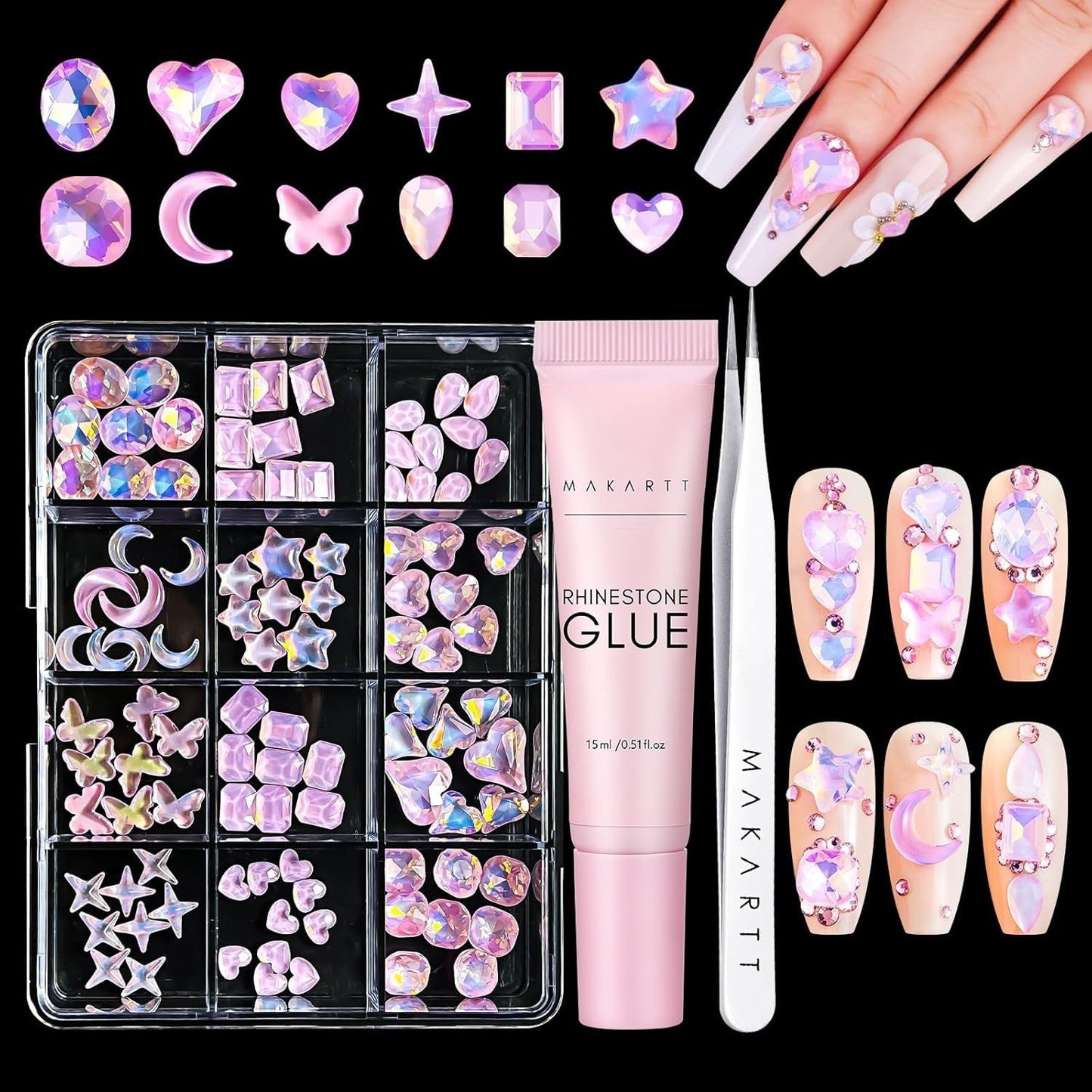 Makartt Gel Adhesivo de Diamantes de Imitación - Juego de Pegamento de Uñas UV de 15 ml con Dijes de Uñas Rosas, Joyería de Uñas con Círculo de Corazón y Accesorios de Diseño de Uñas para Manicura en el Hogar, Regalo del Día de San Valentín
