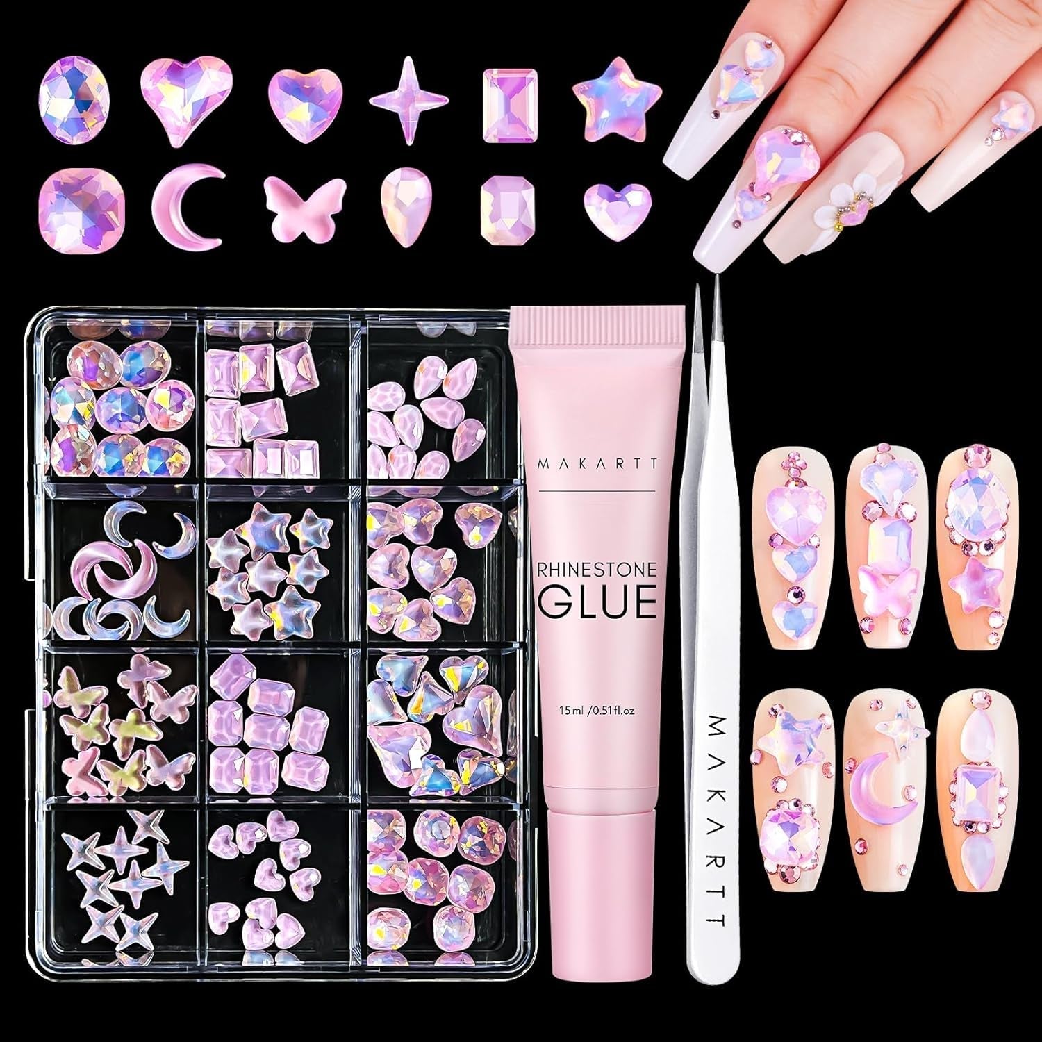 Makartt Gel Adhesivo de Diamantes de Imitación - Juego de Pegamento de Uñas UV de 15 ml con Dijes de Uñas Rosas, Joyería de Uñas con Círculo de Corazón y Accesorios de Diseño de Uñas para Manicura en el Hogar, Regalo del Día de San Valentín