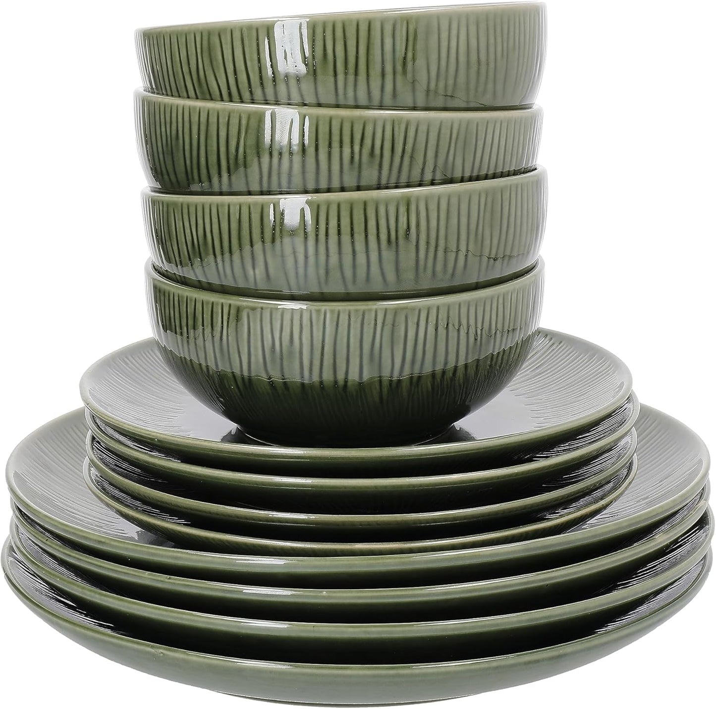 Mikasa Jardin Vajilla de gres de 12 piezas, vajilla para 4 personas con platos, guarniciones y cuencos, verde - Caja de regalo y apta para lavavajillas