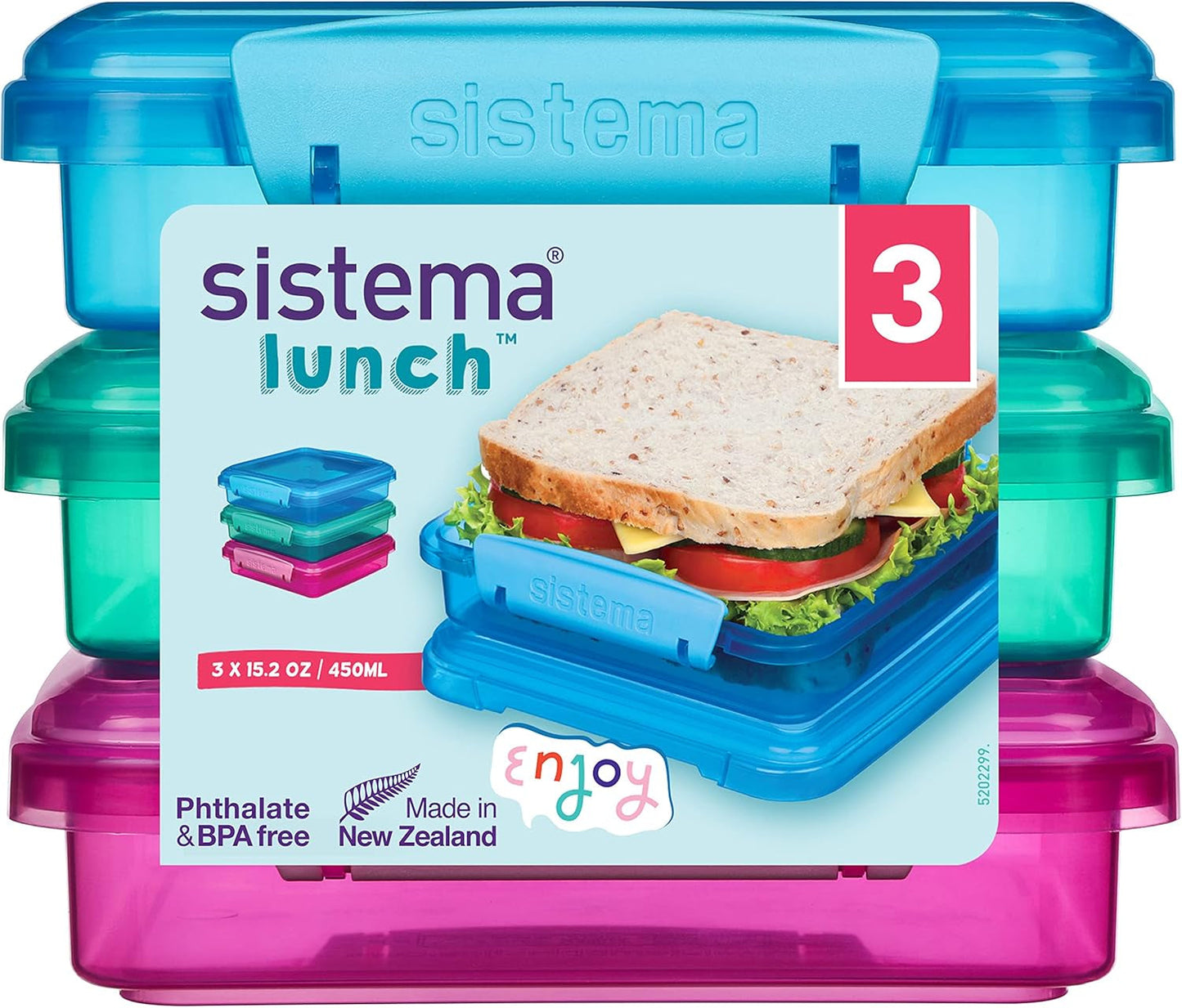 Sistema de caja sándwich para lonchera | 450 ml | lonchera apilable y hermética con tapa | para niños y adultos | sin BPA | colores mezclados | 3 Piezas Cajas Para Conservar Alimentos Naty Shop 3 X 450 Ml
