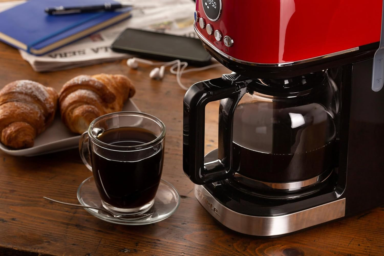 Ariete Moderna 1396 Cafetera espresso con filtro para preparar café americano hasta 15 tazas Jarra de cristal Placa calefactora Pantalla LCD Filtros extraíbles y lavables Blanco
